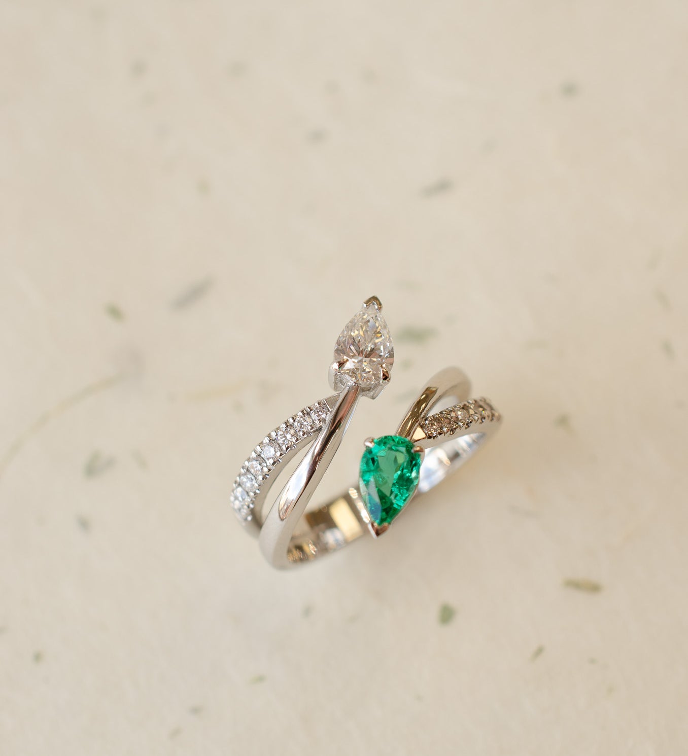 Pear Shape Emerald Diamond Twist Ring