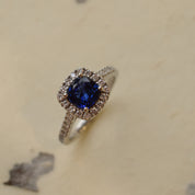 Cushion Cut Blue Sapphire With Diamond Set Halo