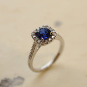 Cushion Cut Blue Sapphire With Diamond Set Halo