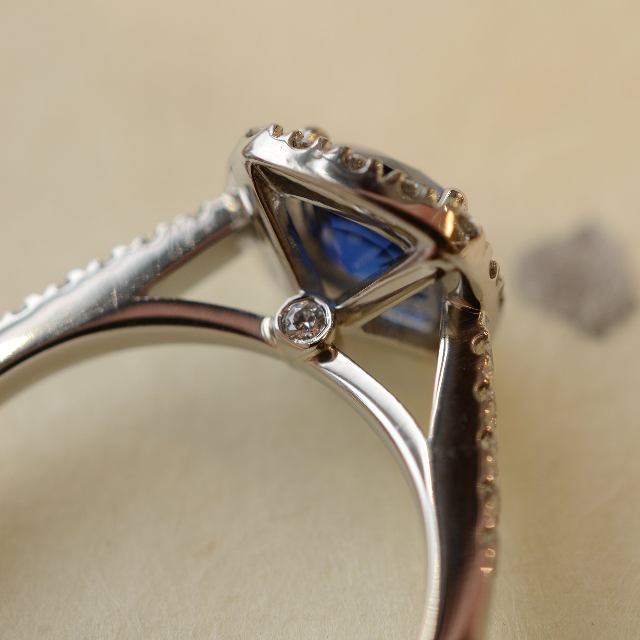Cushion Cut Blue Sapphire With Diamond Set Halo