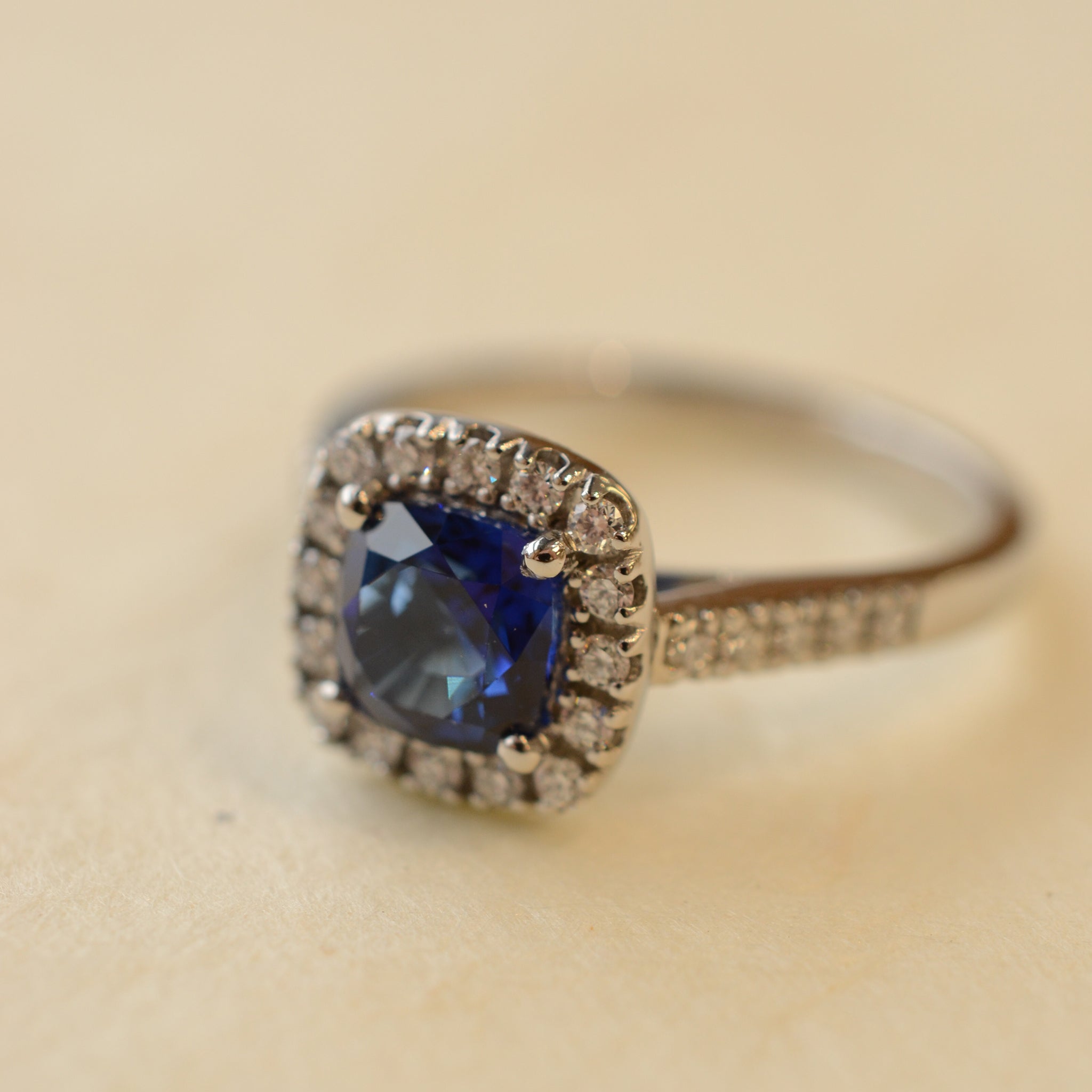 Cushion Cut Blue Sapphire With Diamond Set Halo