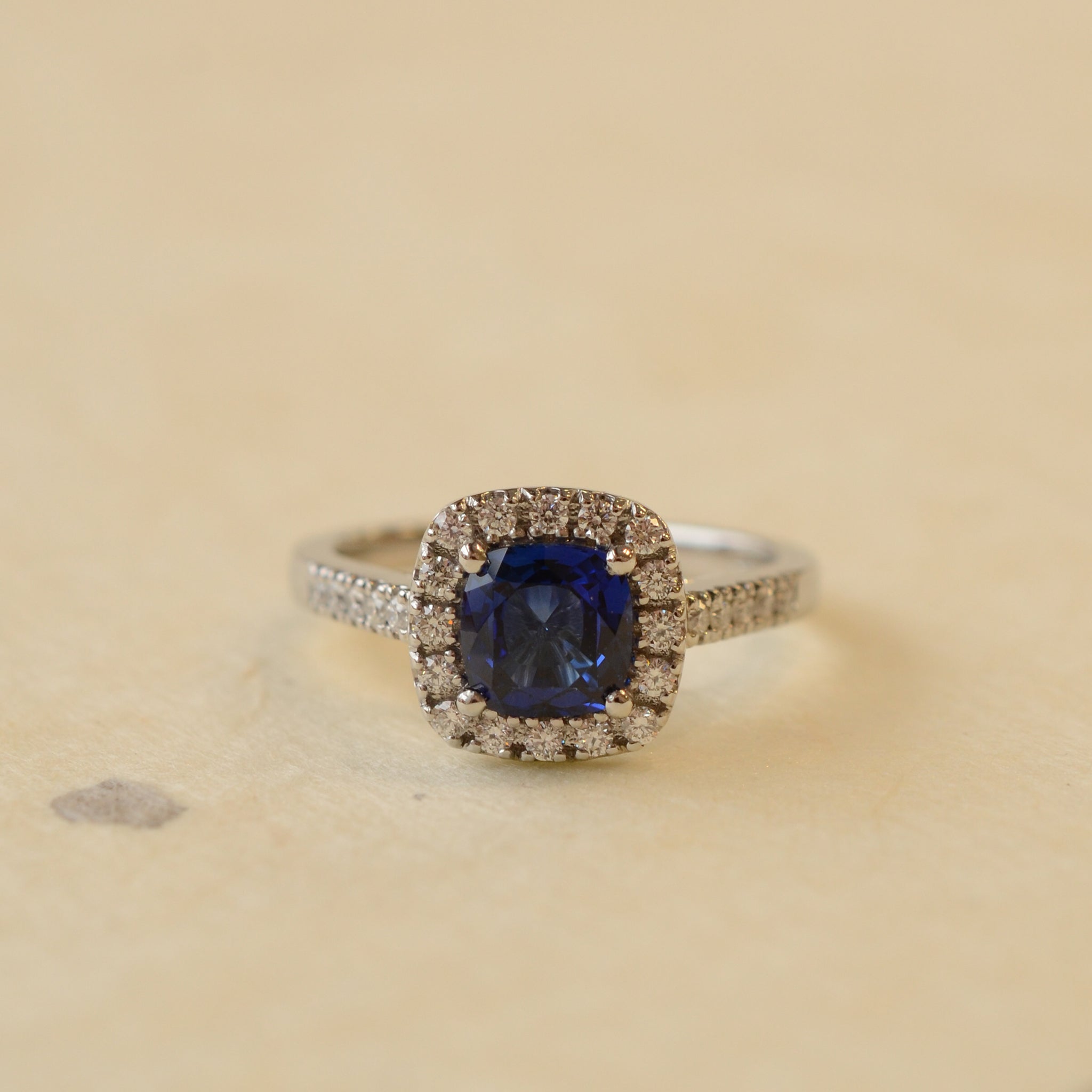 Cushion Cut Blue Sapphire With Diamond Set Halo