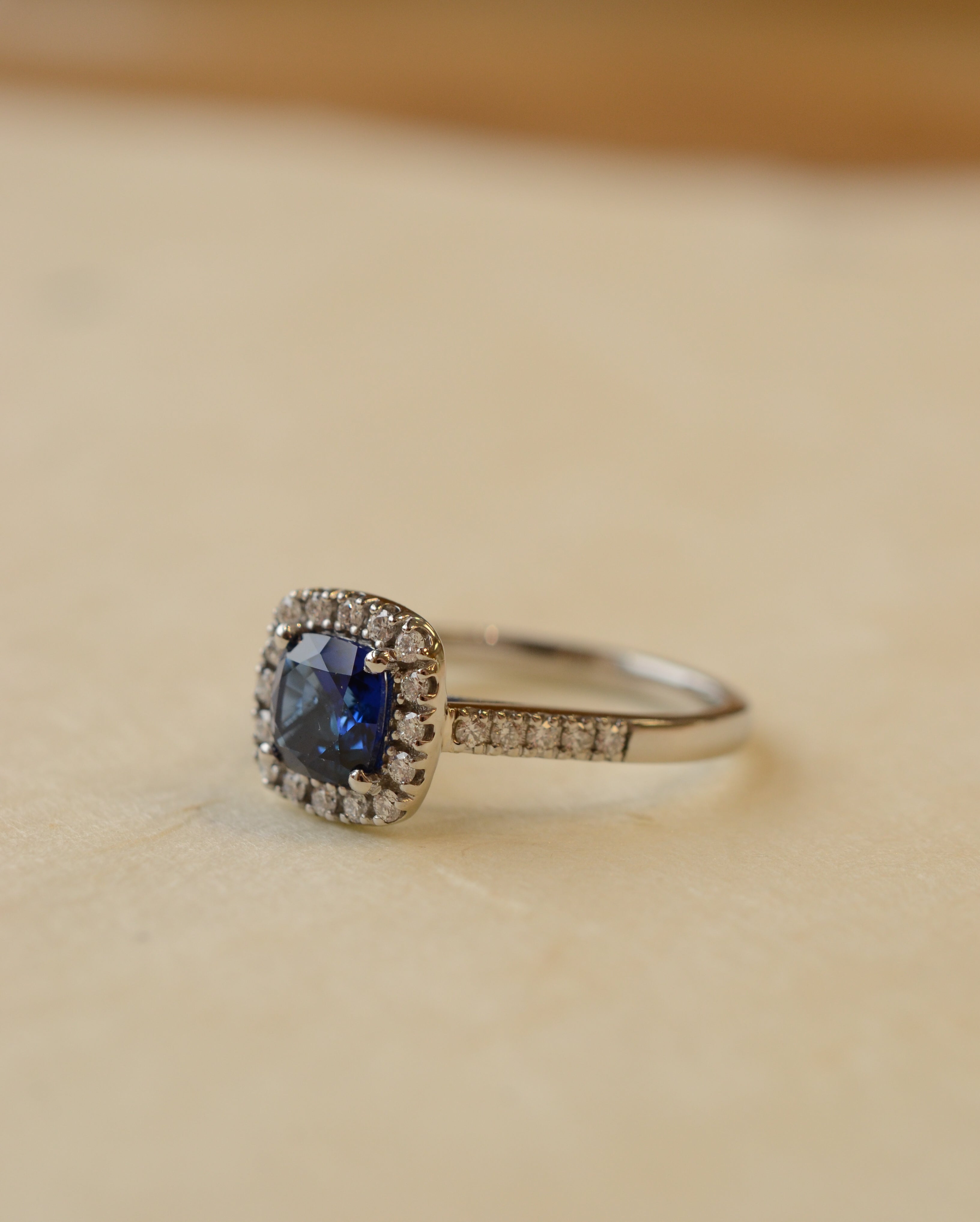 Cushion Cut Blue Sapphire With Diamond Set Halo