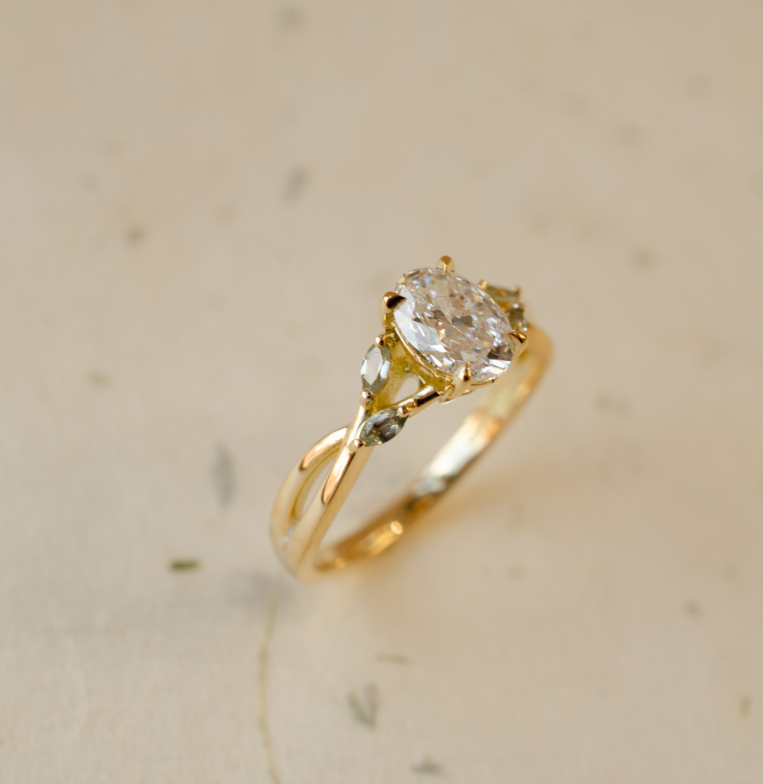 Oval Diamond & Green Sapphire Engagement Ring