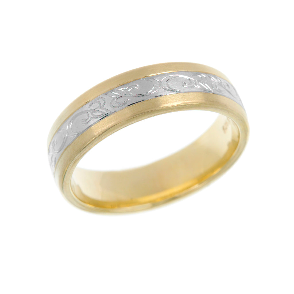 Mixed Metal Engraved Mens Wedding Ring 6mm