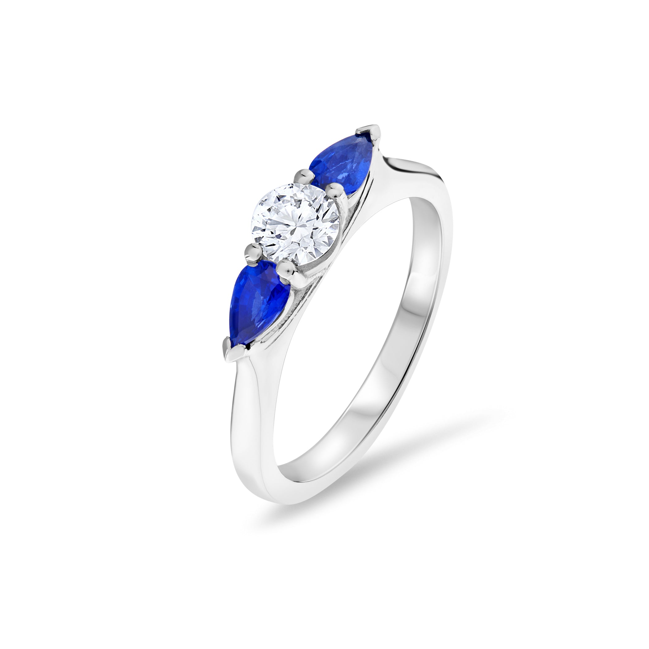 Diamond & Blue Sapphire Pear Shape Trilogy Engagement Ring