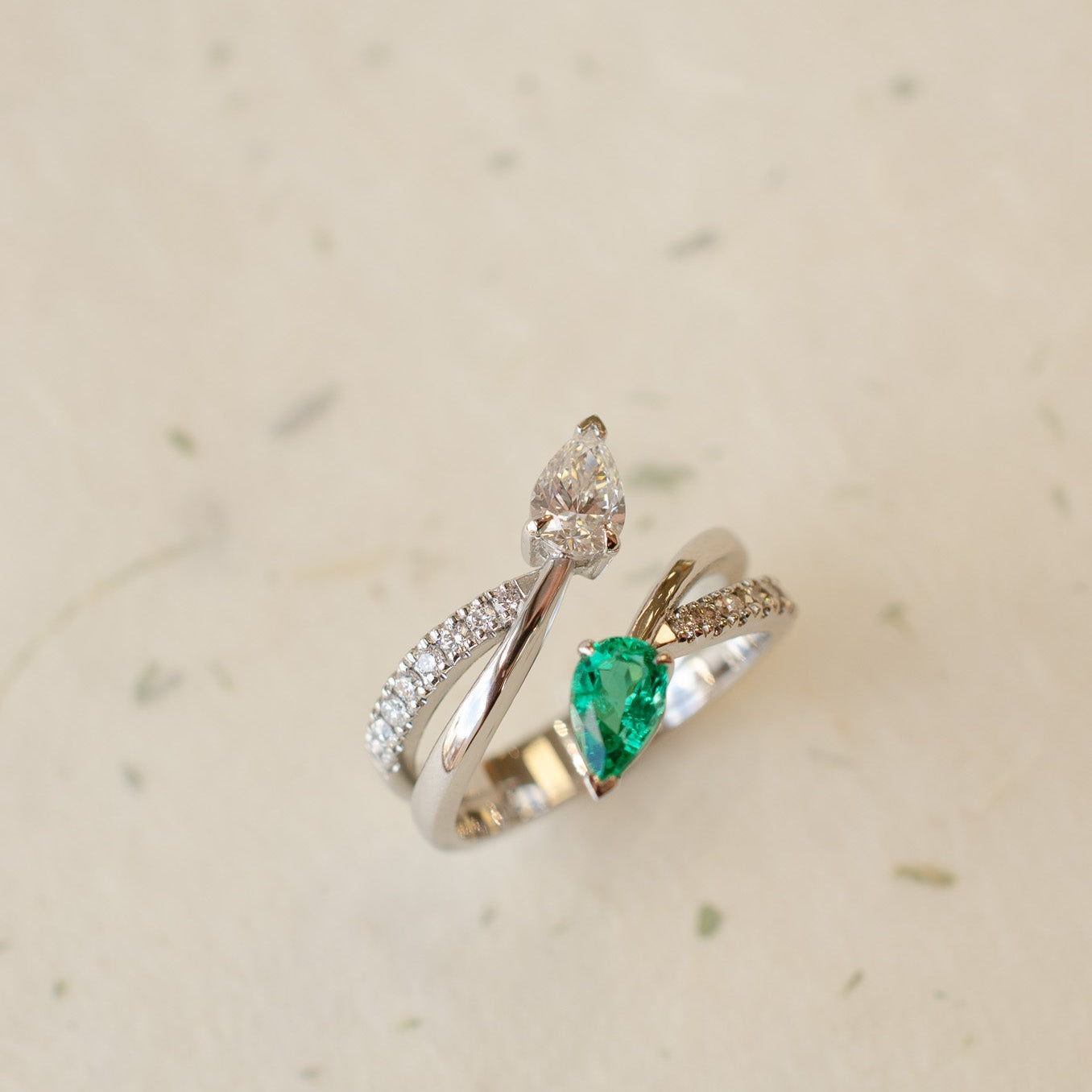 Pear Shape Emerald Diamond Twist Ring