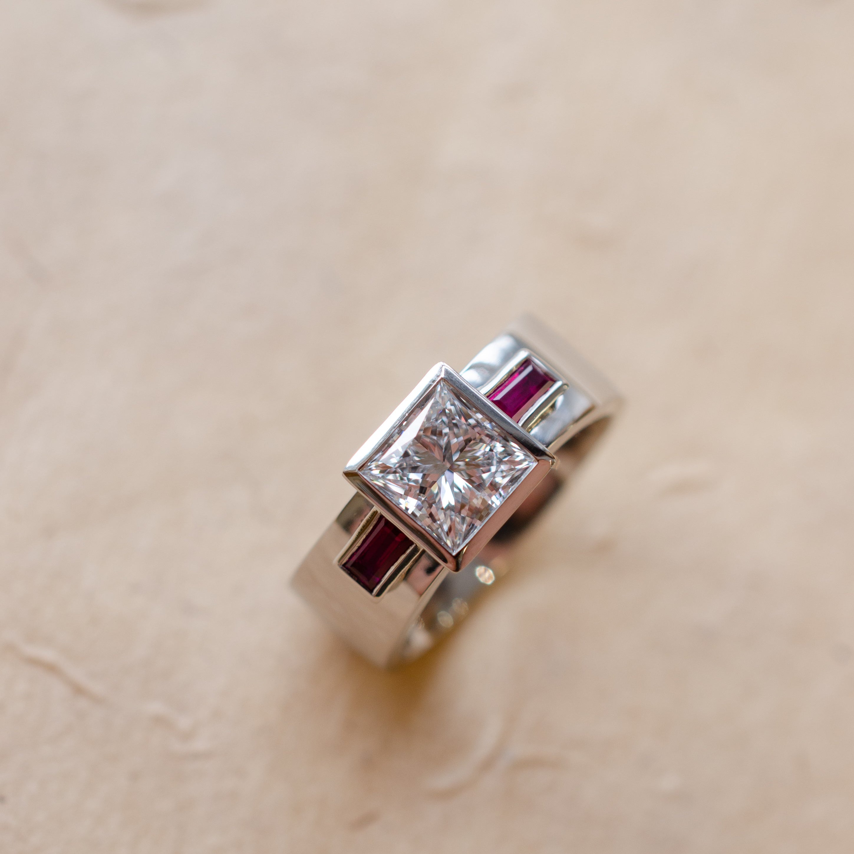 Platinum Trilogy Of 1.5ct Princess Cut Diamond & Baguette Rubies