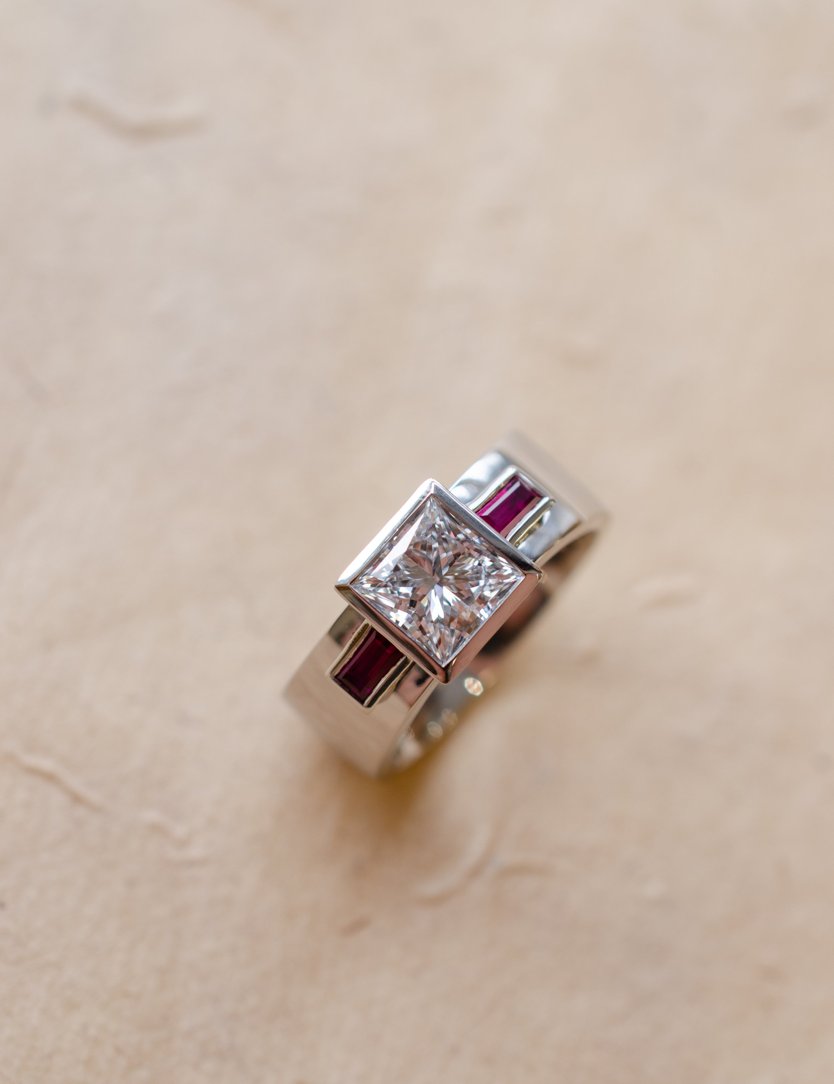 Platinum Trilogy Of 1.5ct Princess Cut Diamond & Baguette Rubies