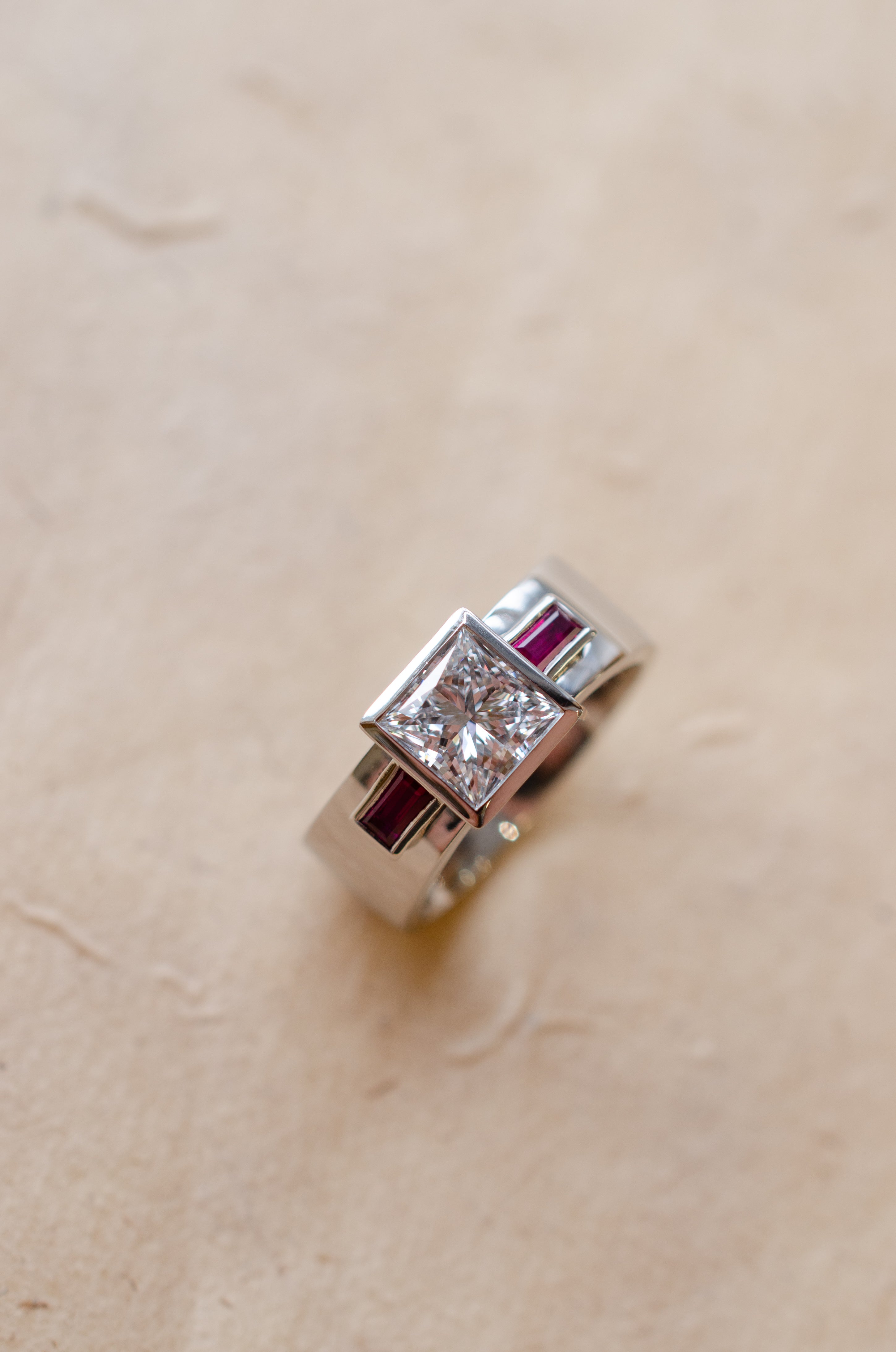 Platinum Trilogy Of 1.5ct Princess Cut Diamond & Baguette Rubies