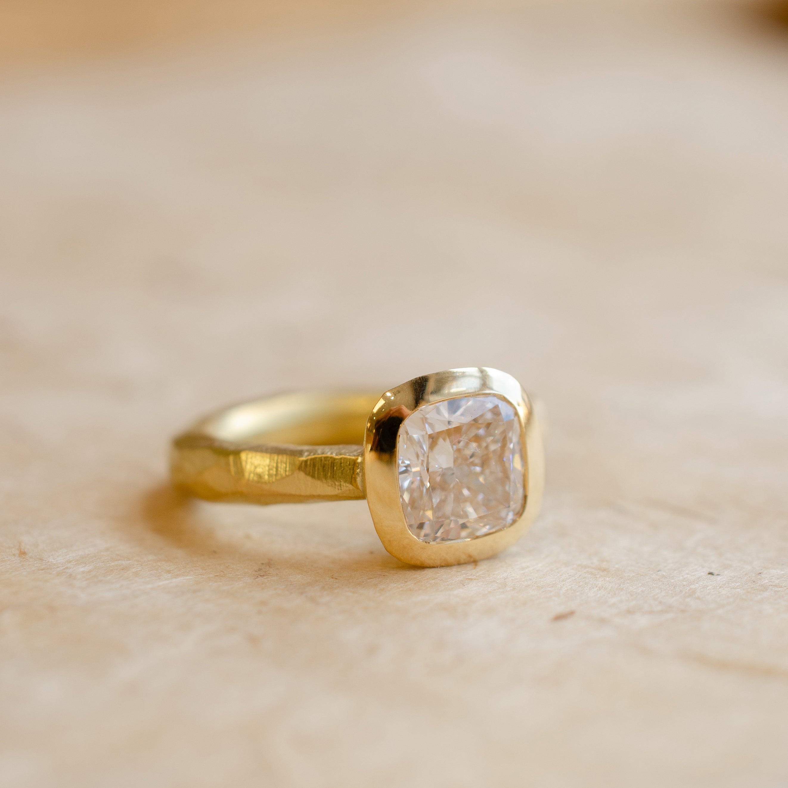 Cushion Cut Diamond Hand Carved Engagement Ring