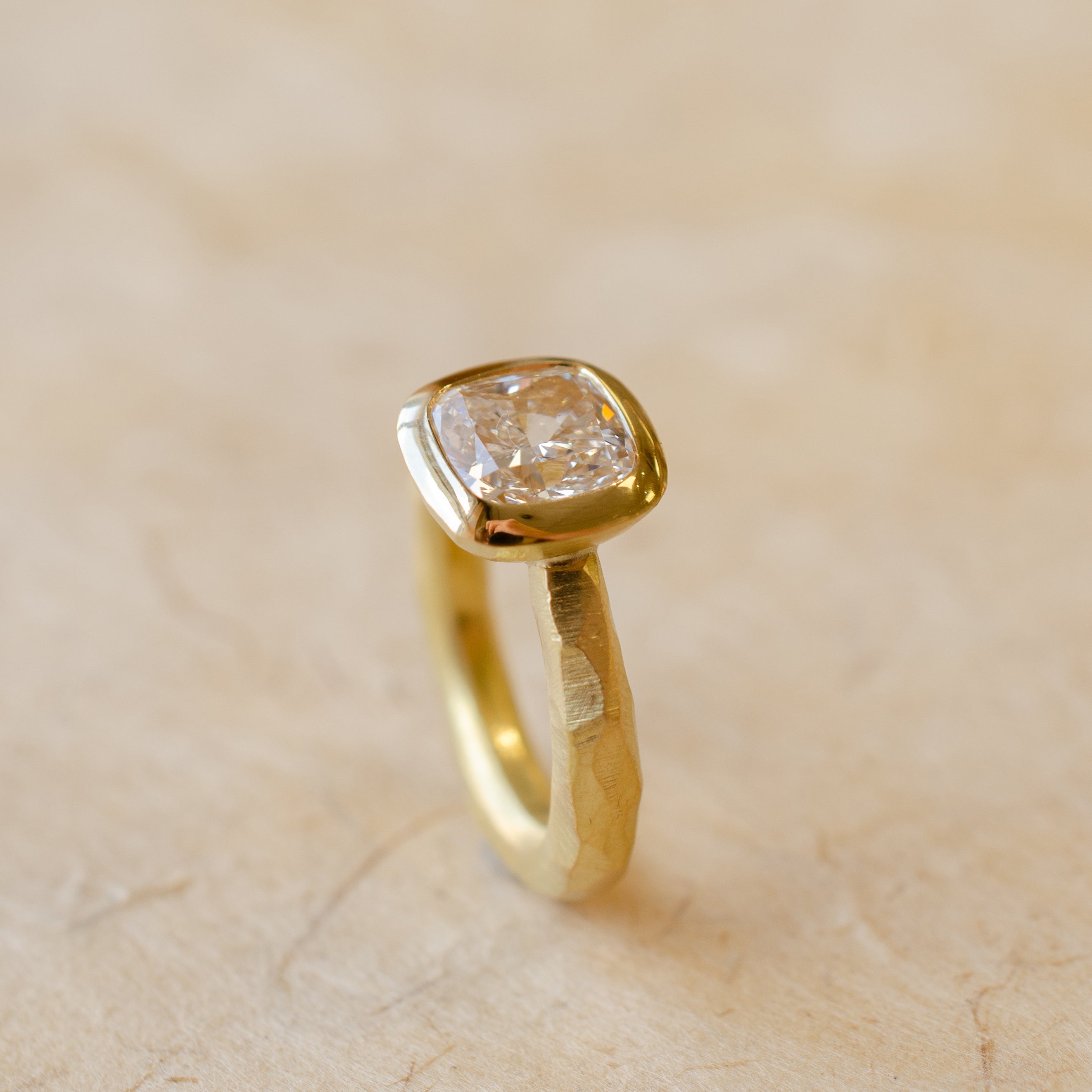 Cushion Cut Diamond Hand Carved Engagement Ring