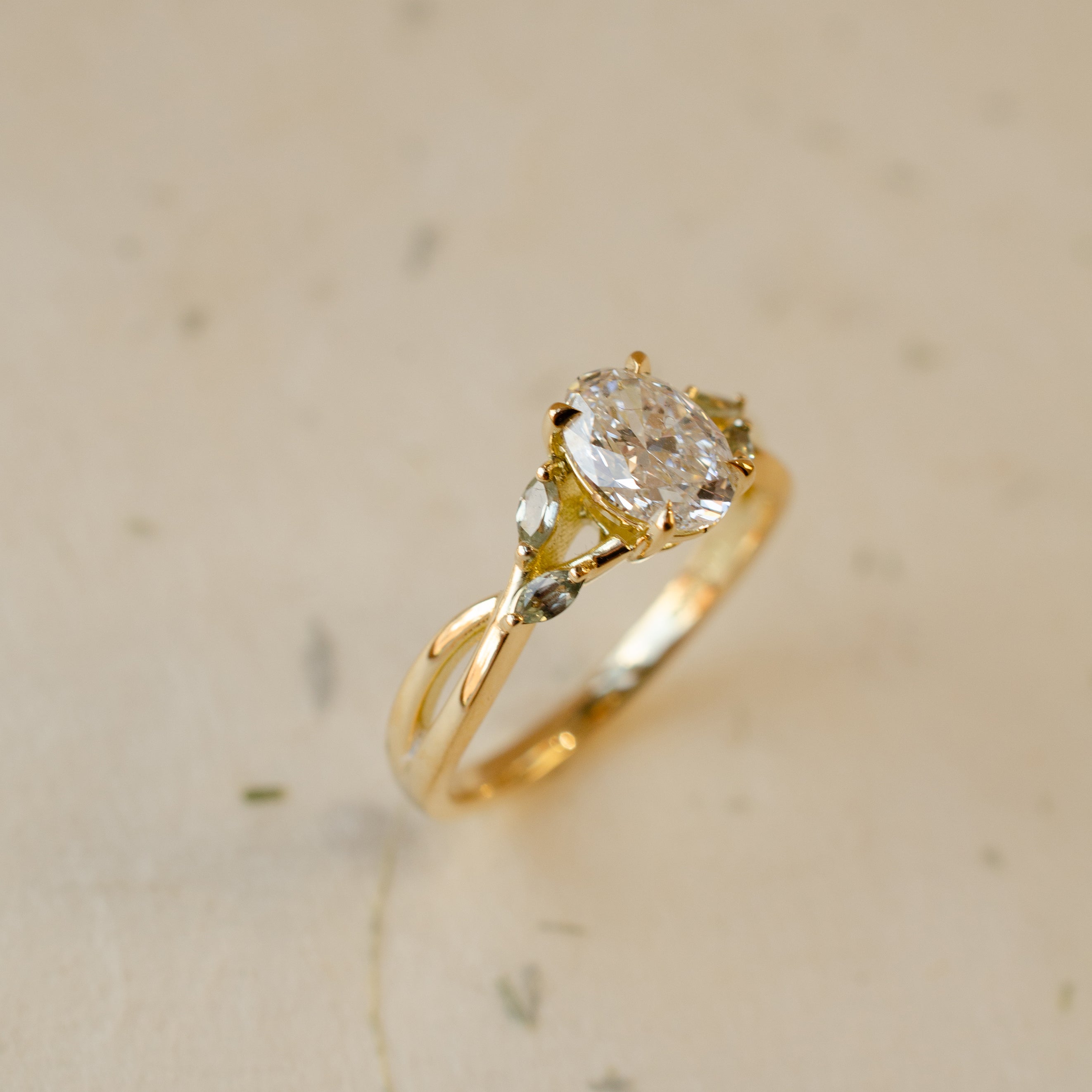 Oval Diamond & Green Sapphire Engagement Ring
