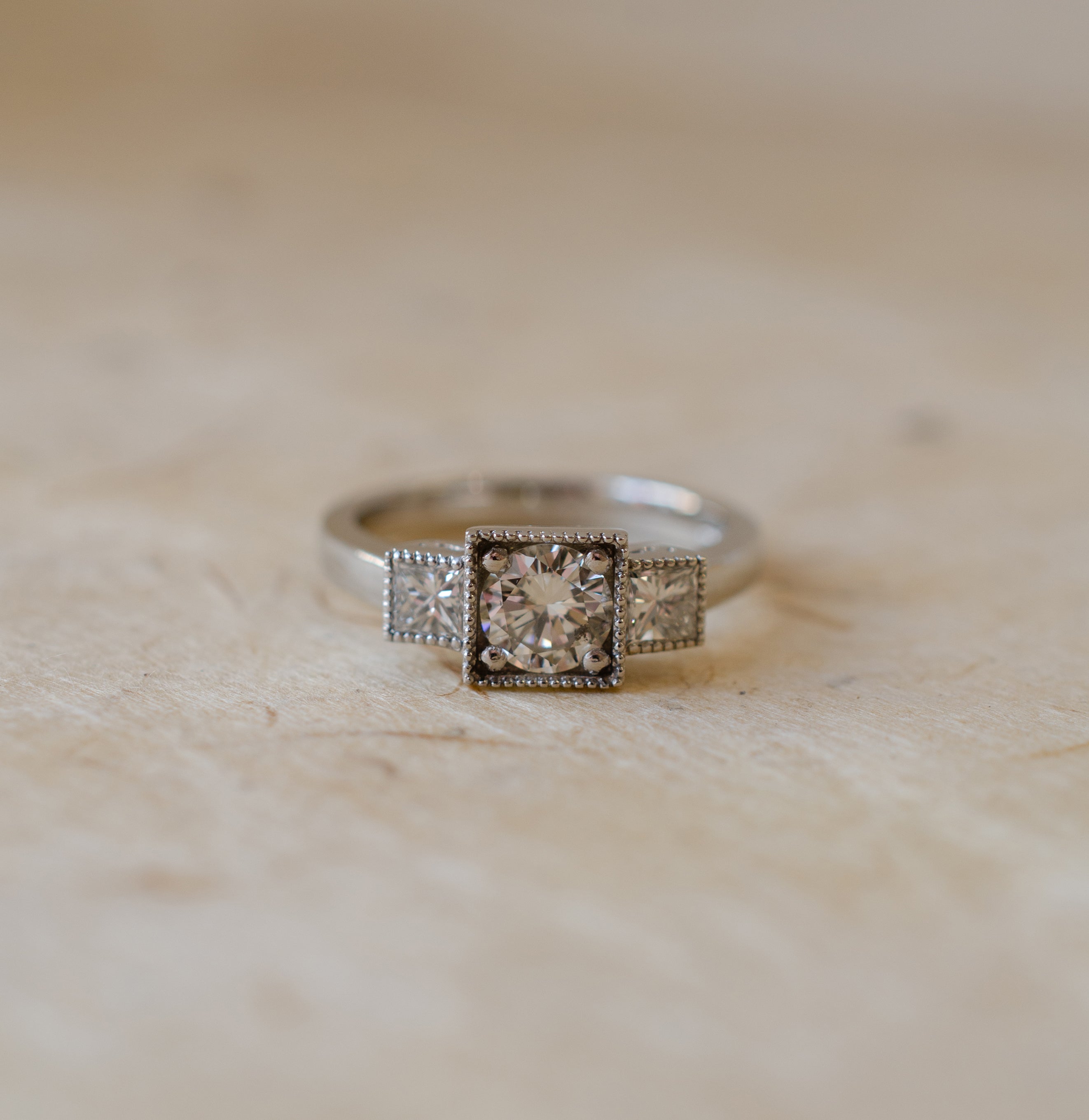 Princess Cut Diamond Milgrain Trilogy Engagement Ring