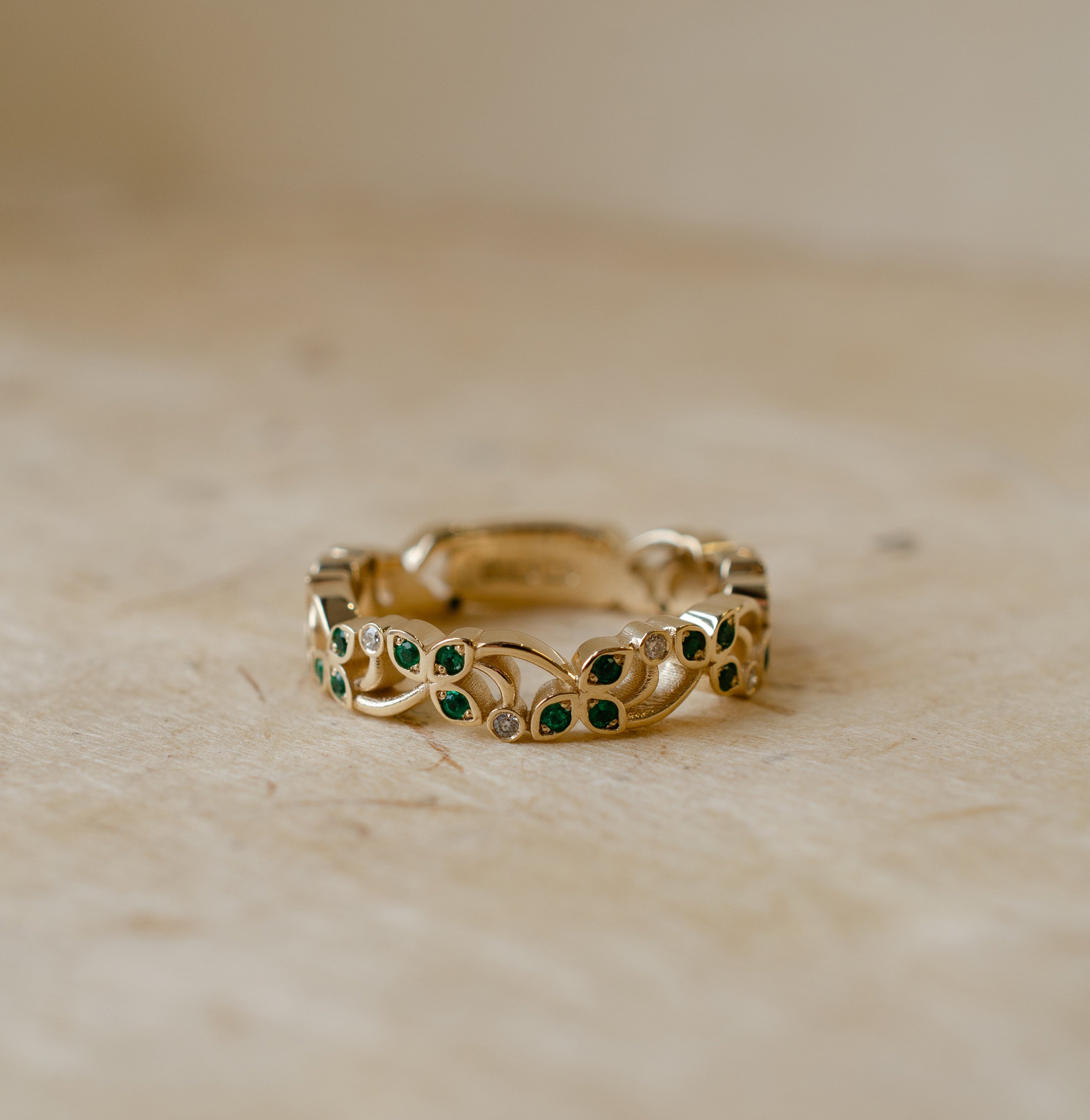 Emerald & Diamond Floral Vine Wedding Ring