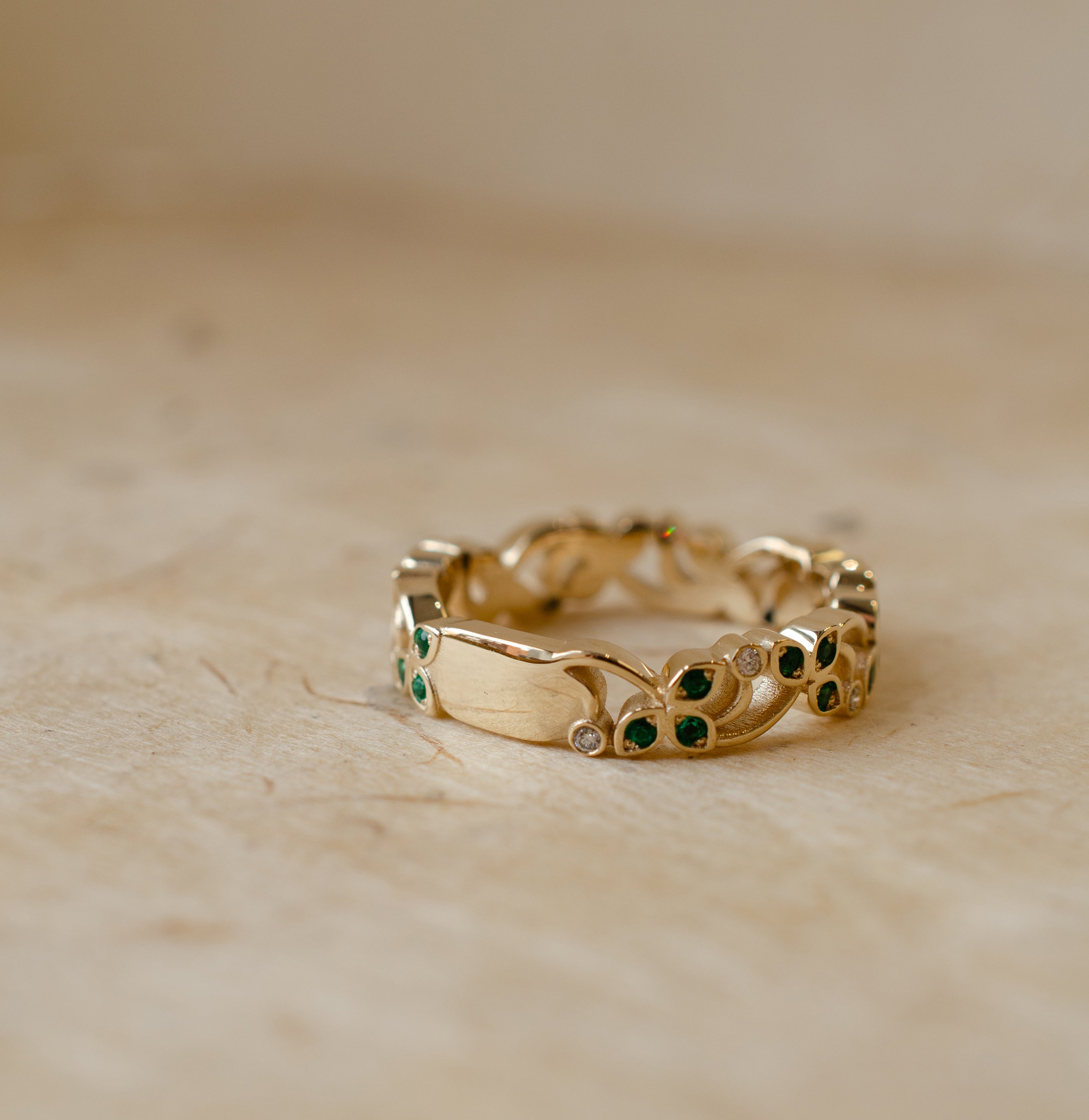 Emerald & Diamond Floral Vine Wedding Ring