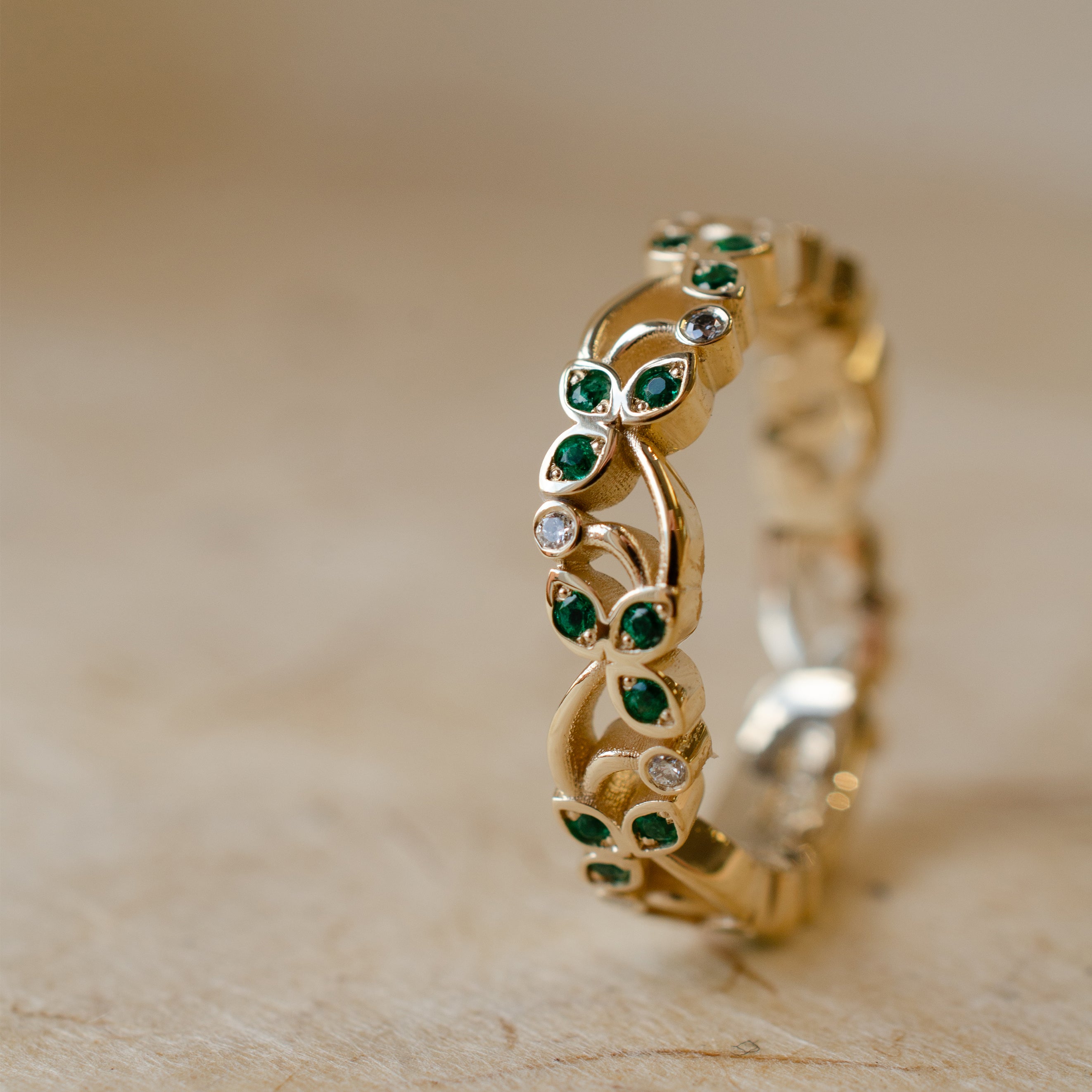 Emerald & Diamond Floral Vine Wedding Ring