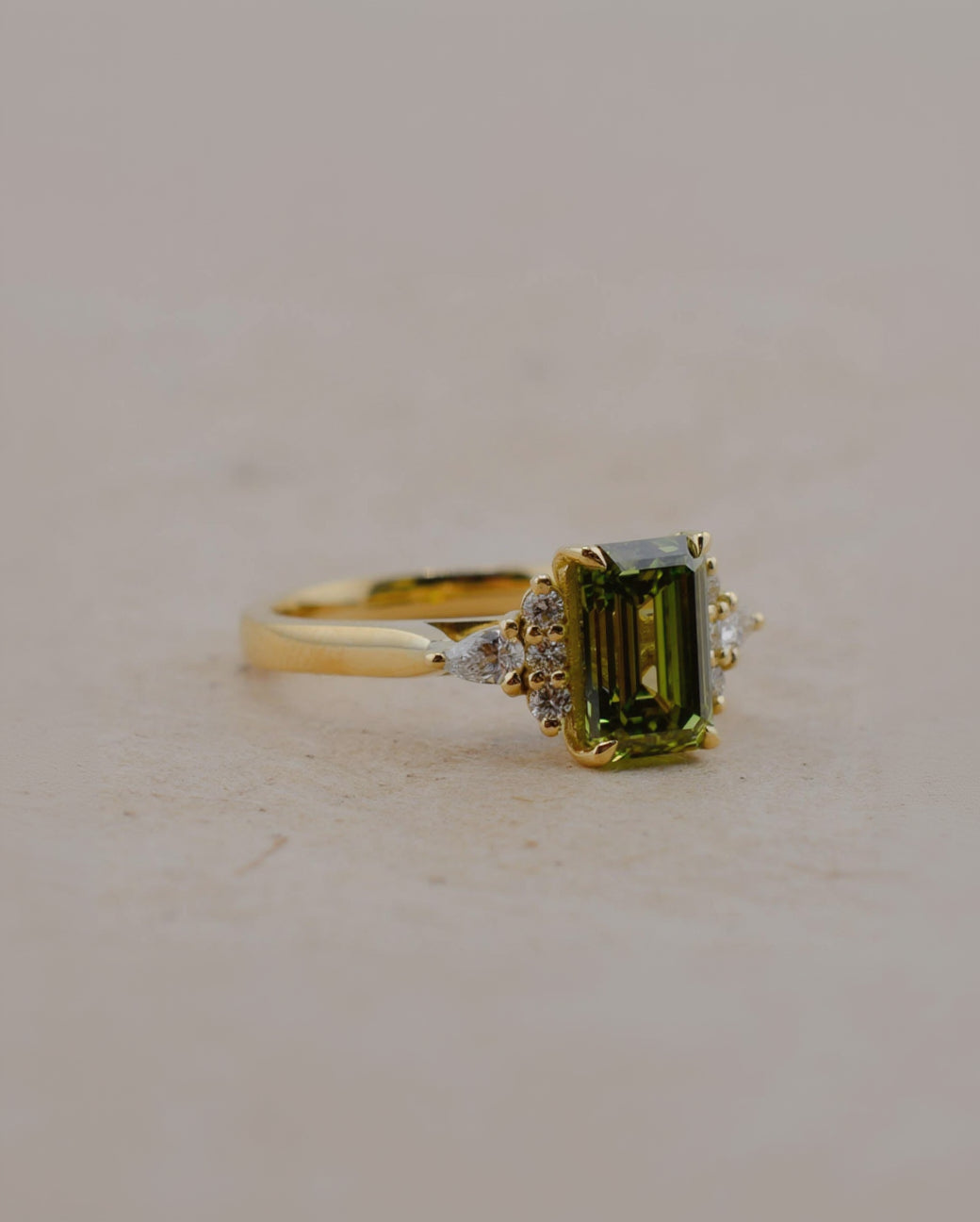 Yellow Gold Emerald Cut Green Diamond Engagement Ring