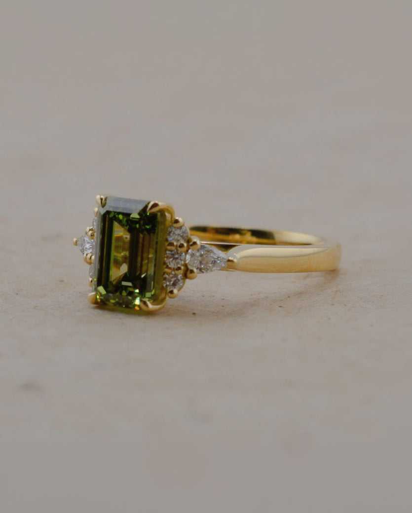 Yellow Gold Emerald Cut Green Diamond Engagement Ring