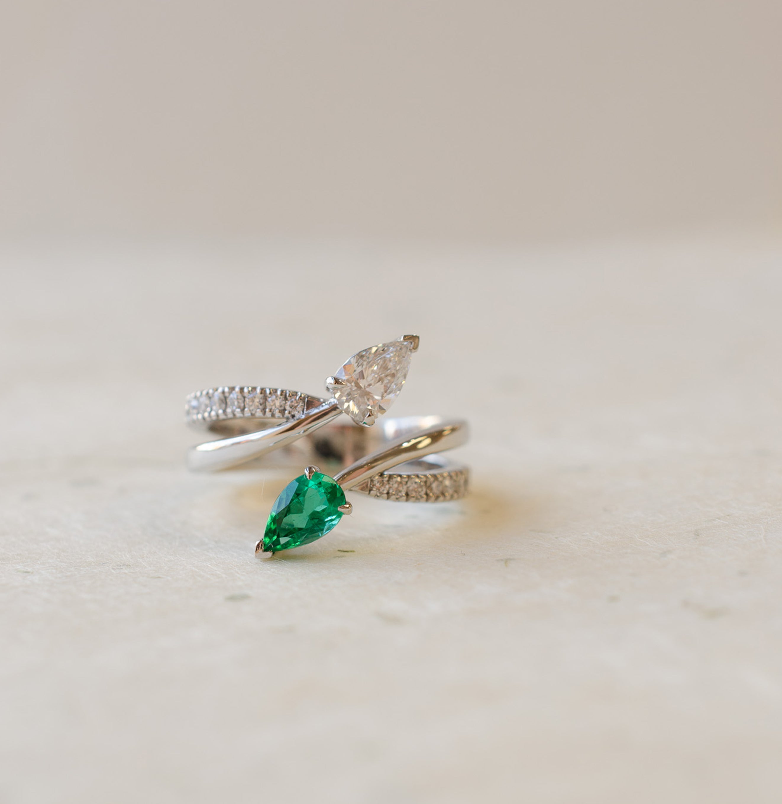 Pear Shape Emerald & Diamond Bypass Engagement Ring