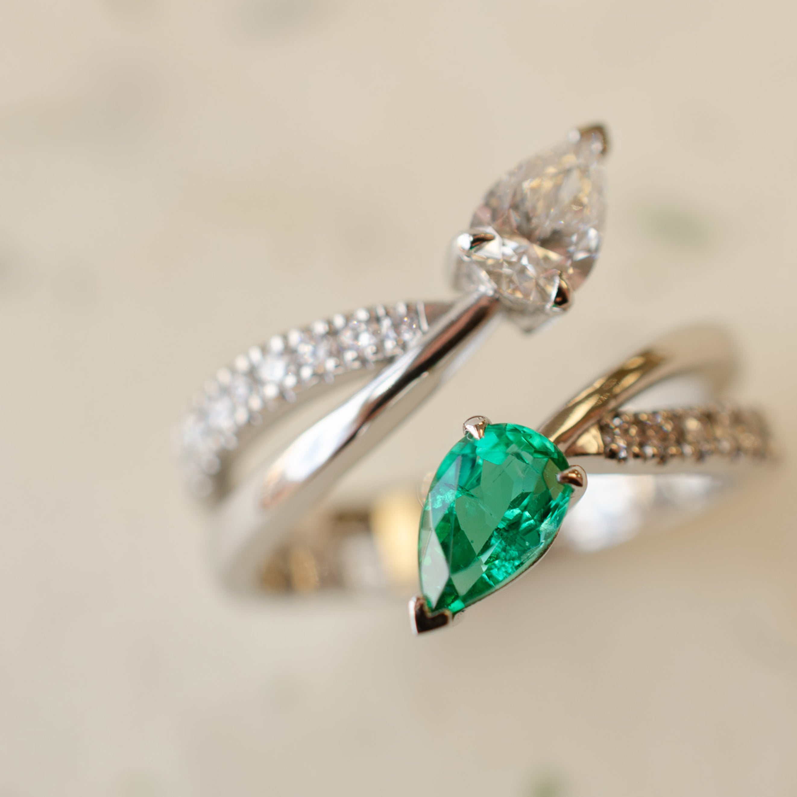 Pear Shape Emerald & Diamond Bypass Engagement Ring