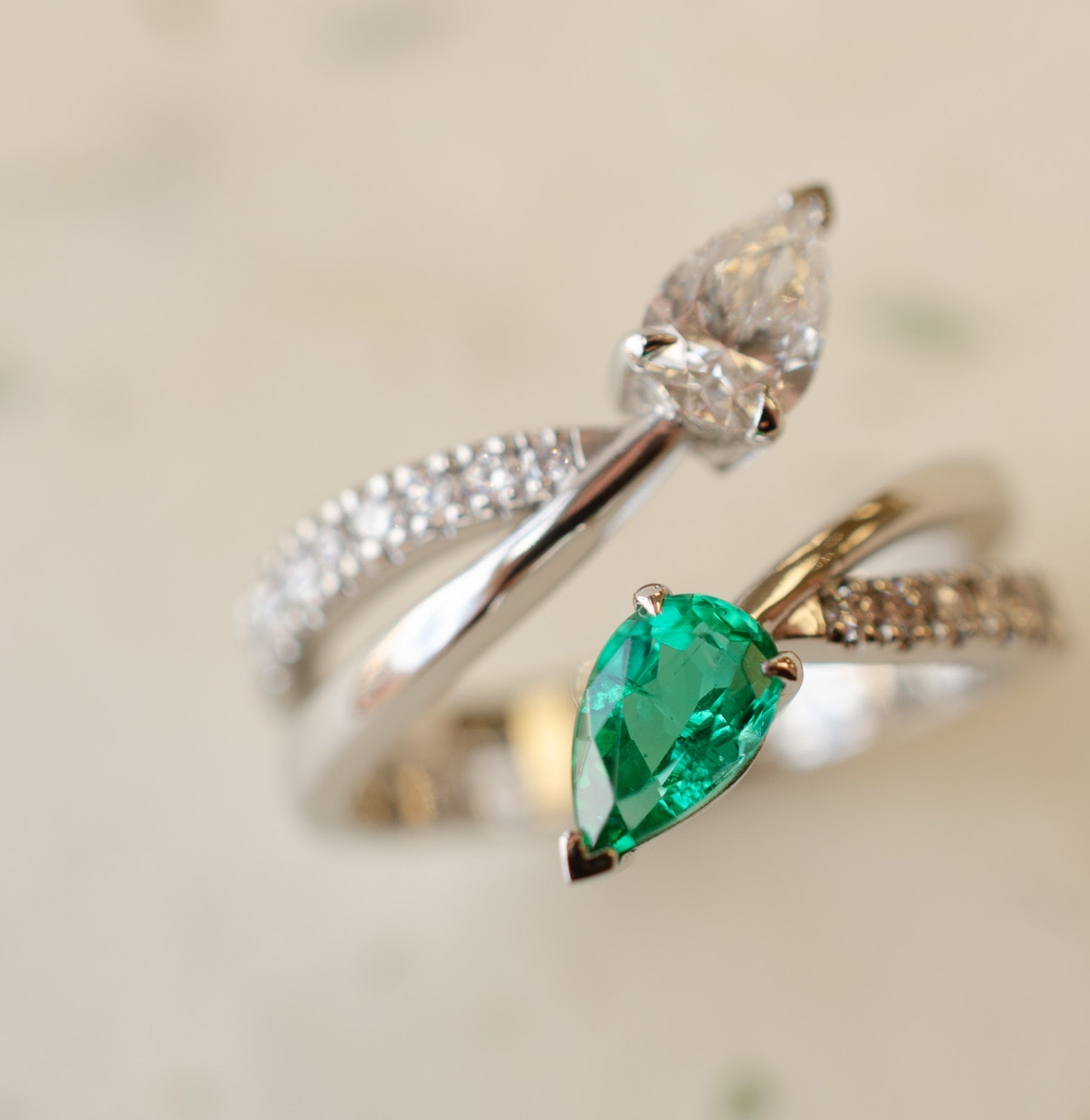 Pear Shape Emerald & Diamond Bypass Engagement Ring