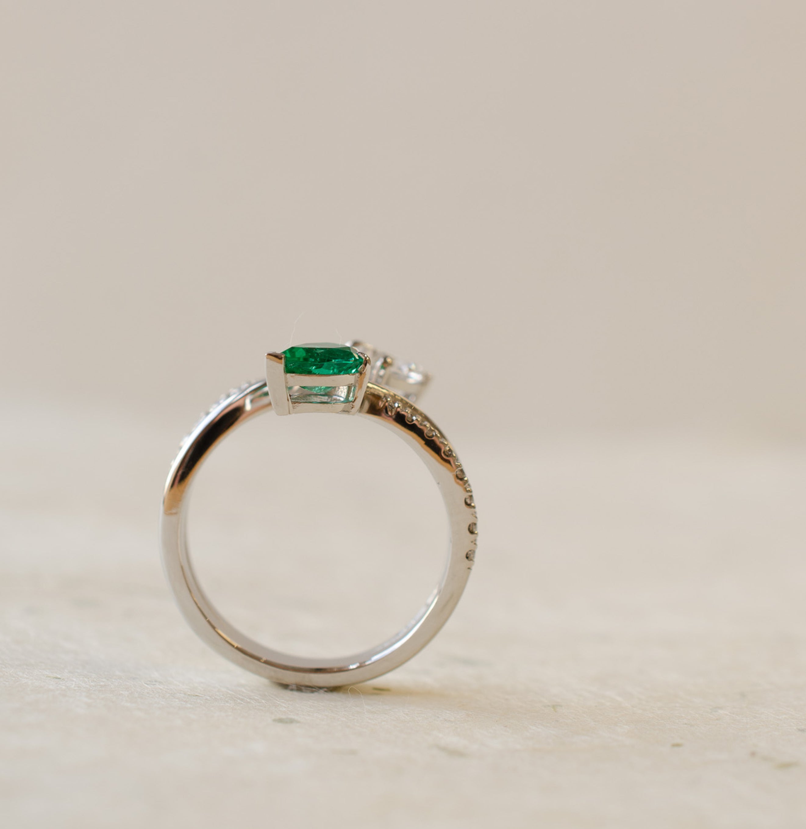 Pear Shape Emerald & Diamond Bypass Engagement Ring