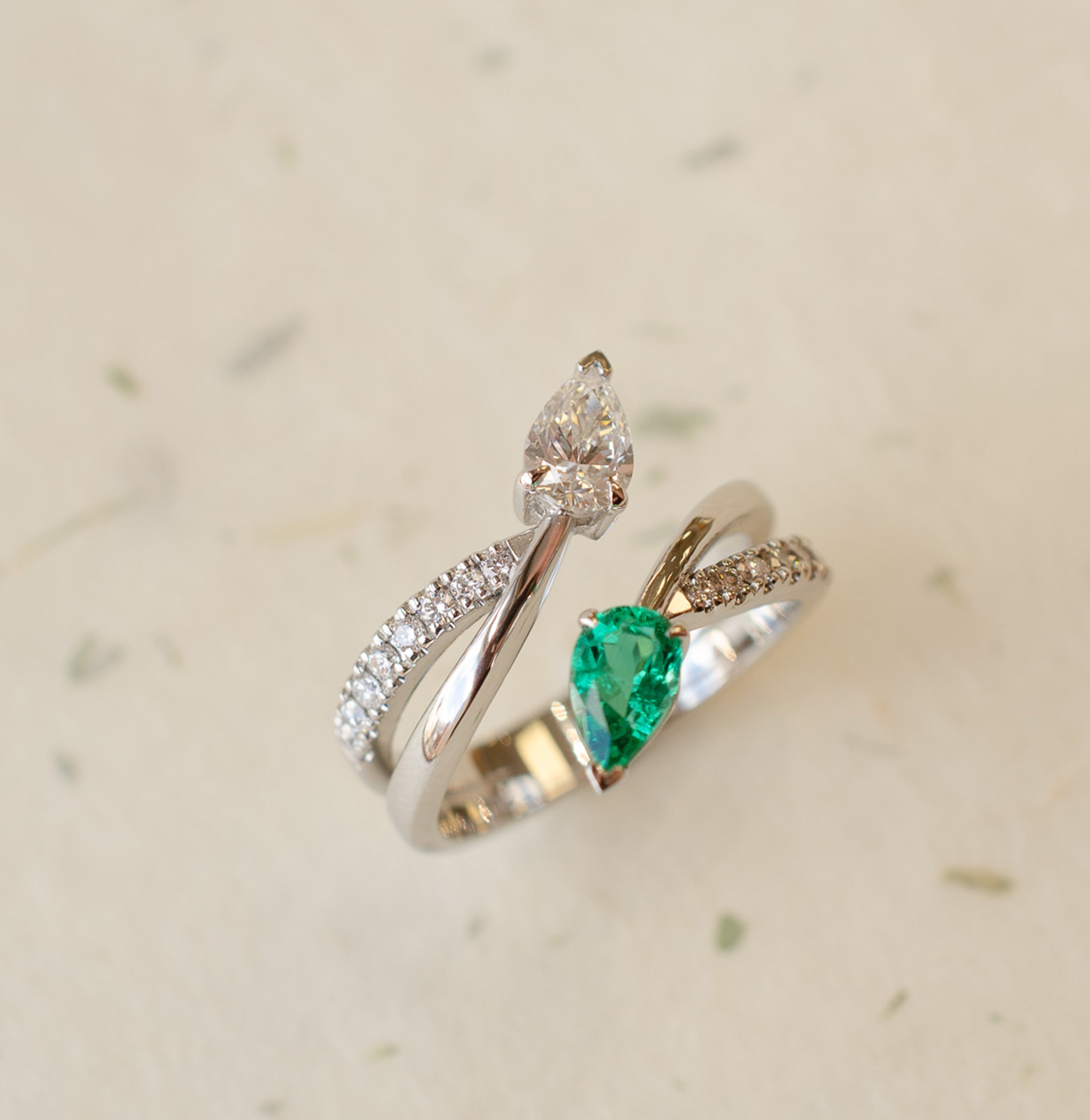 Pear Shape Emerald & Diamond Bypass Engagement Ring