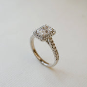 diamond halo ring with radiant cut stone