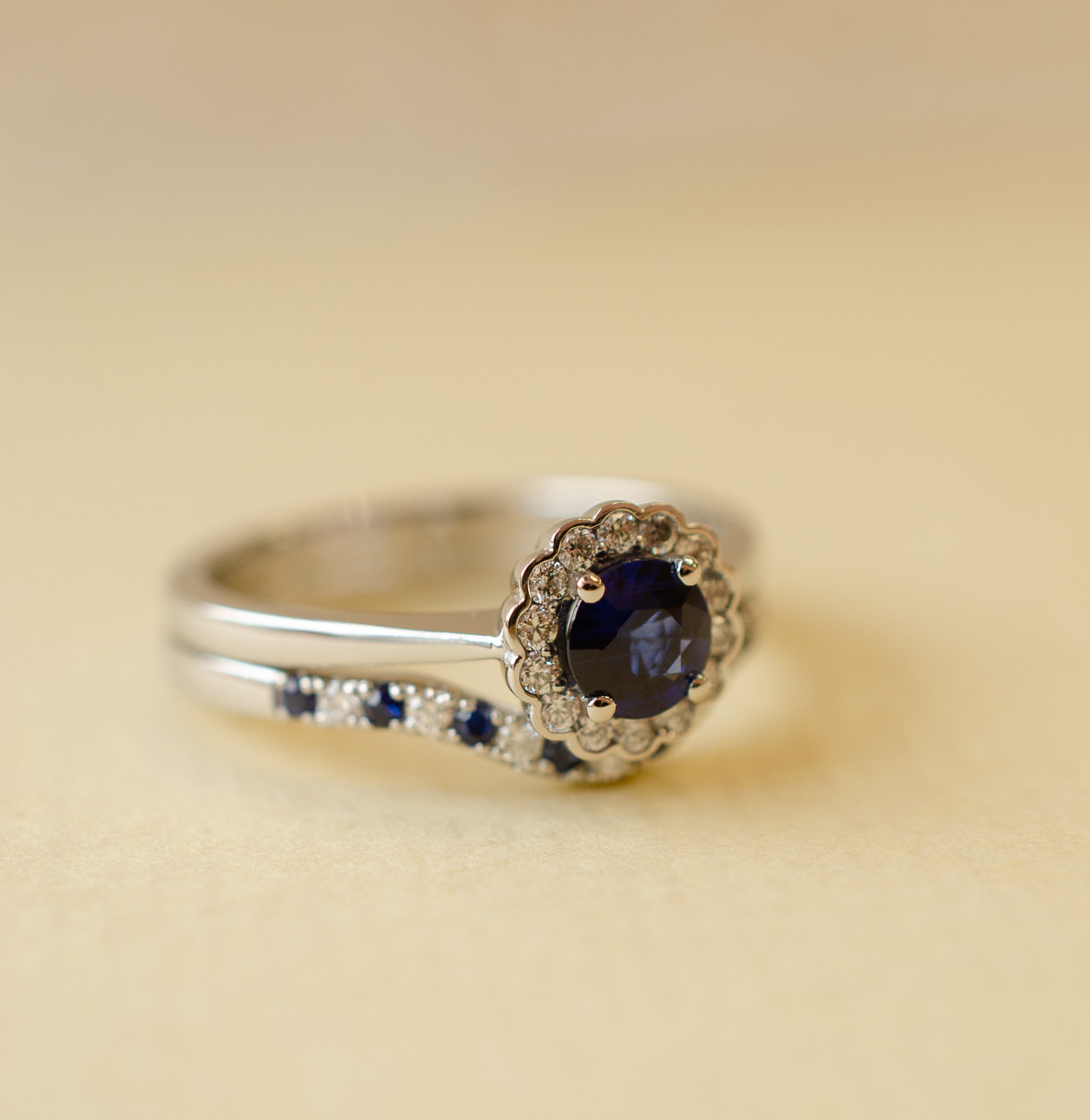 Sapphire & Diamond Scallop Halo Engagement Ring