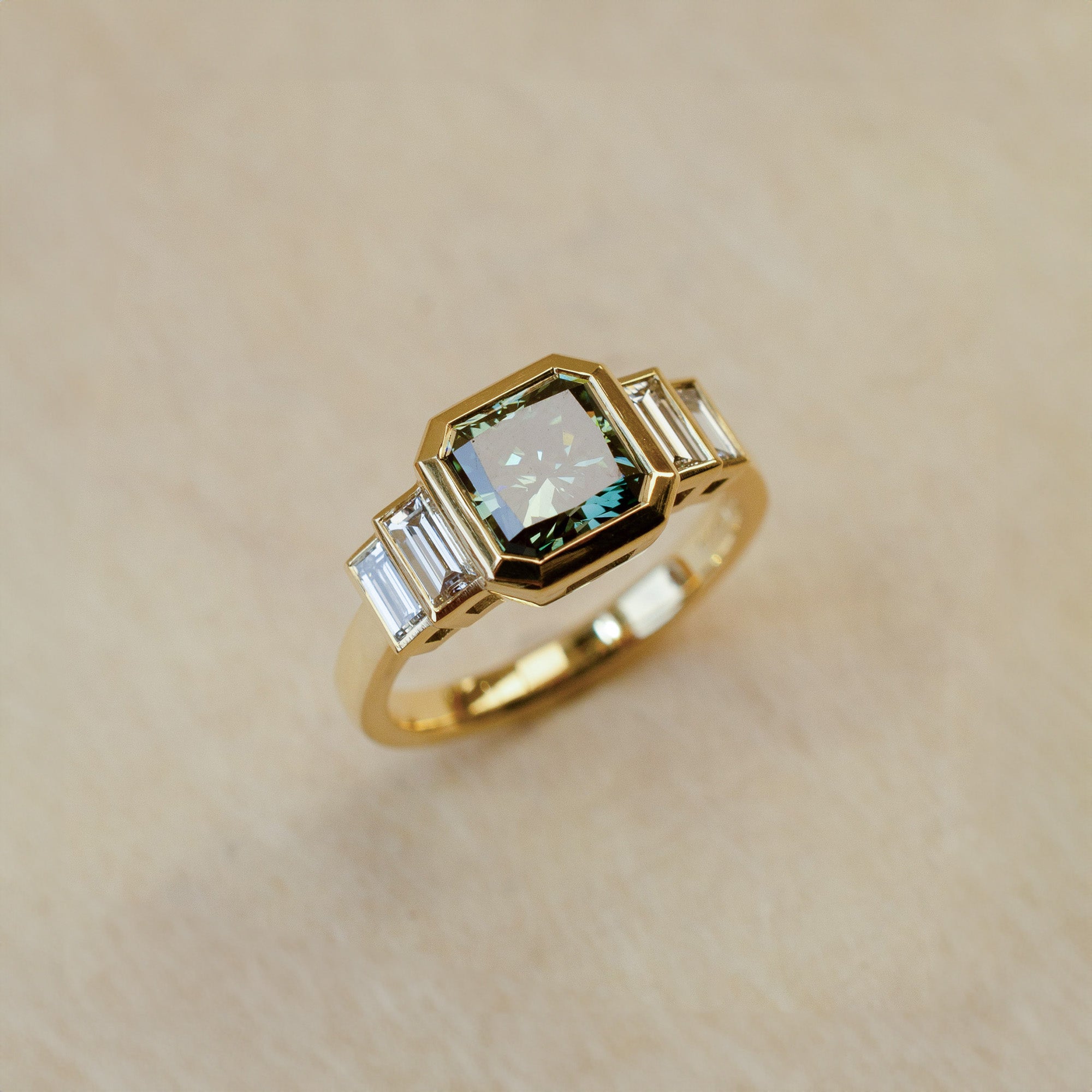 teal lab grown diamond art deco engagement ring
