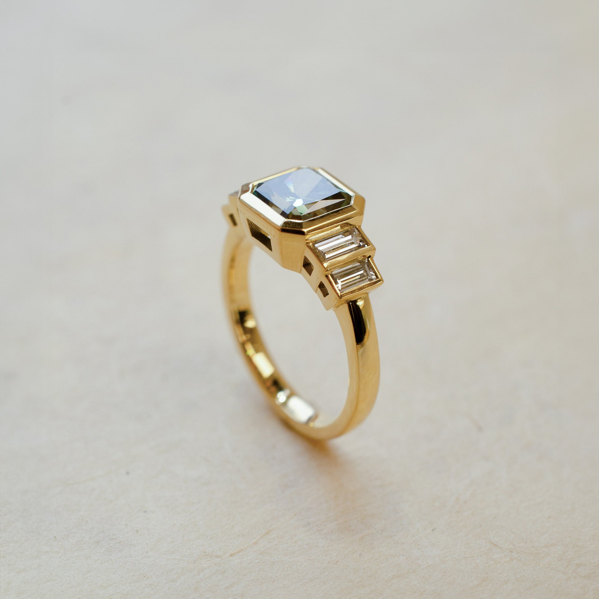 teal and diamond yellow gold art deco ring