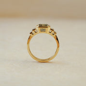 yellow gold art deco style teal lab grown diamond ring
