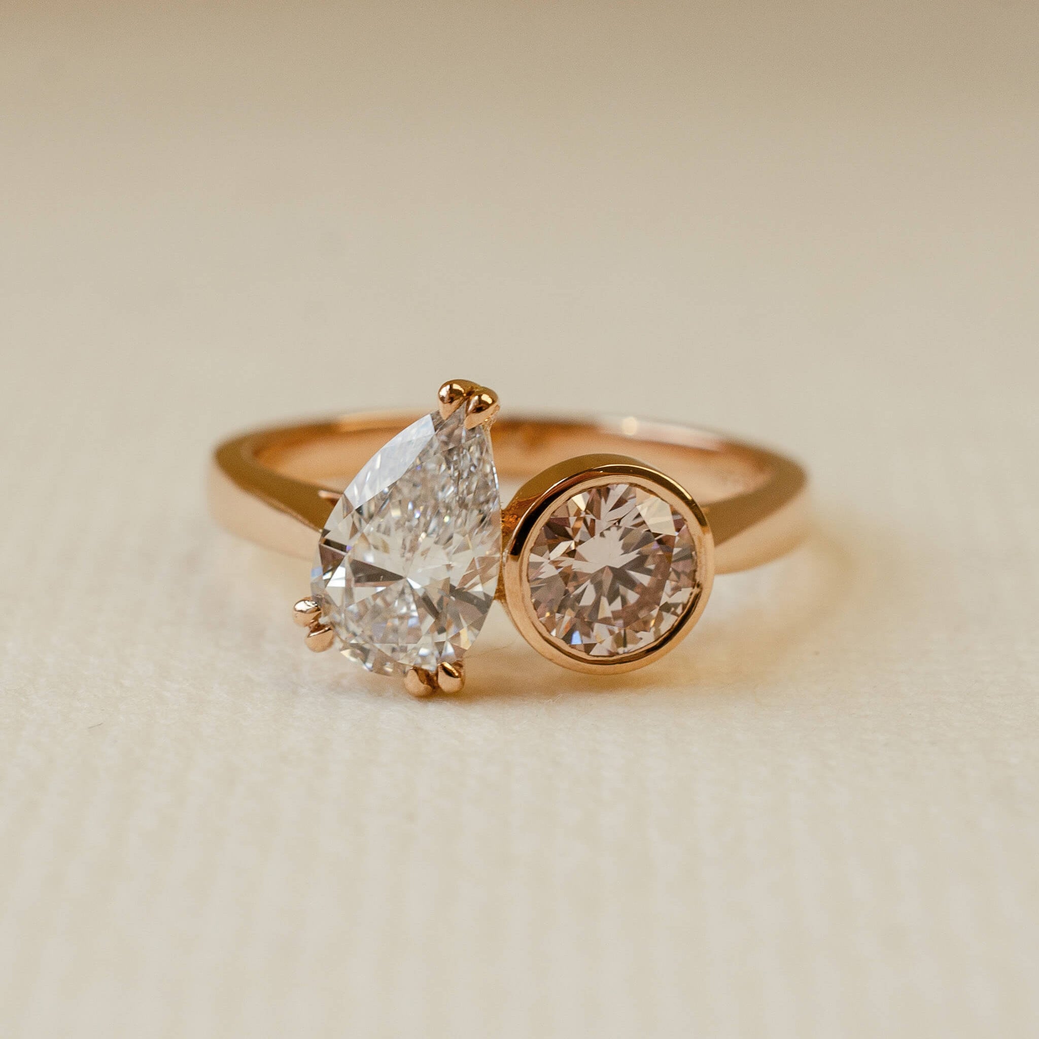Moi et Toi two stone ring with white and pink diamonds