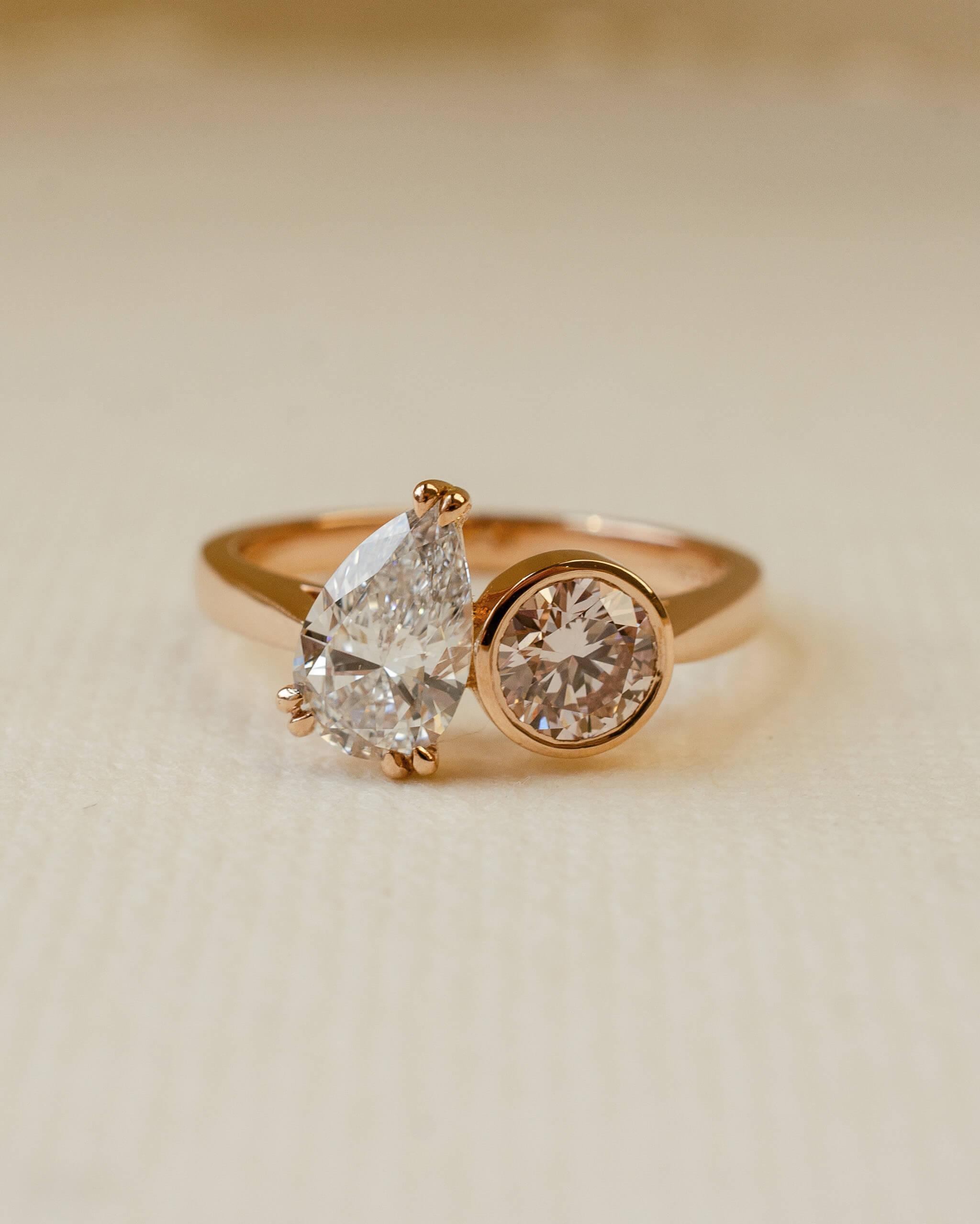 Moi et Toi two stone ring with white and pink diamonds