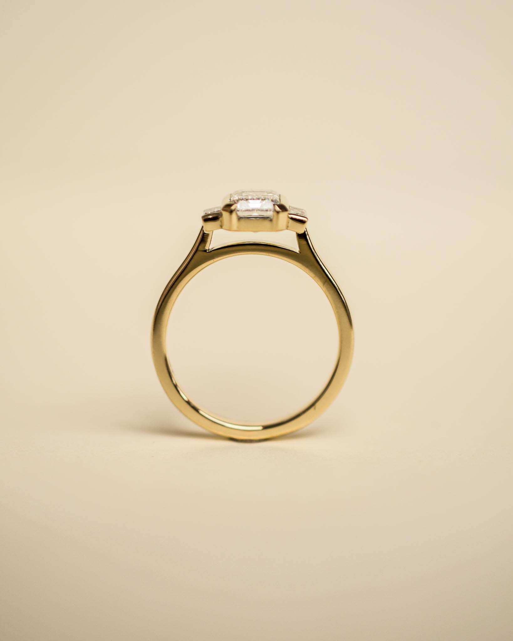 Yellow Gold Emerald Cut and Baguette Trilogy Engagement Ring