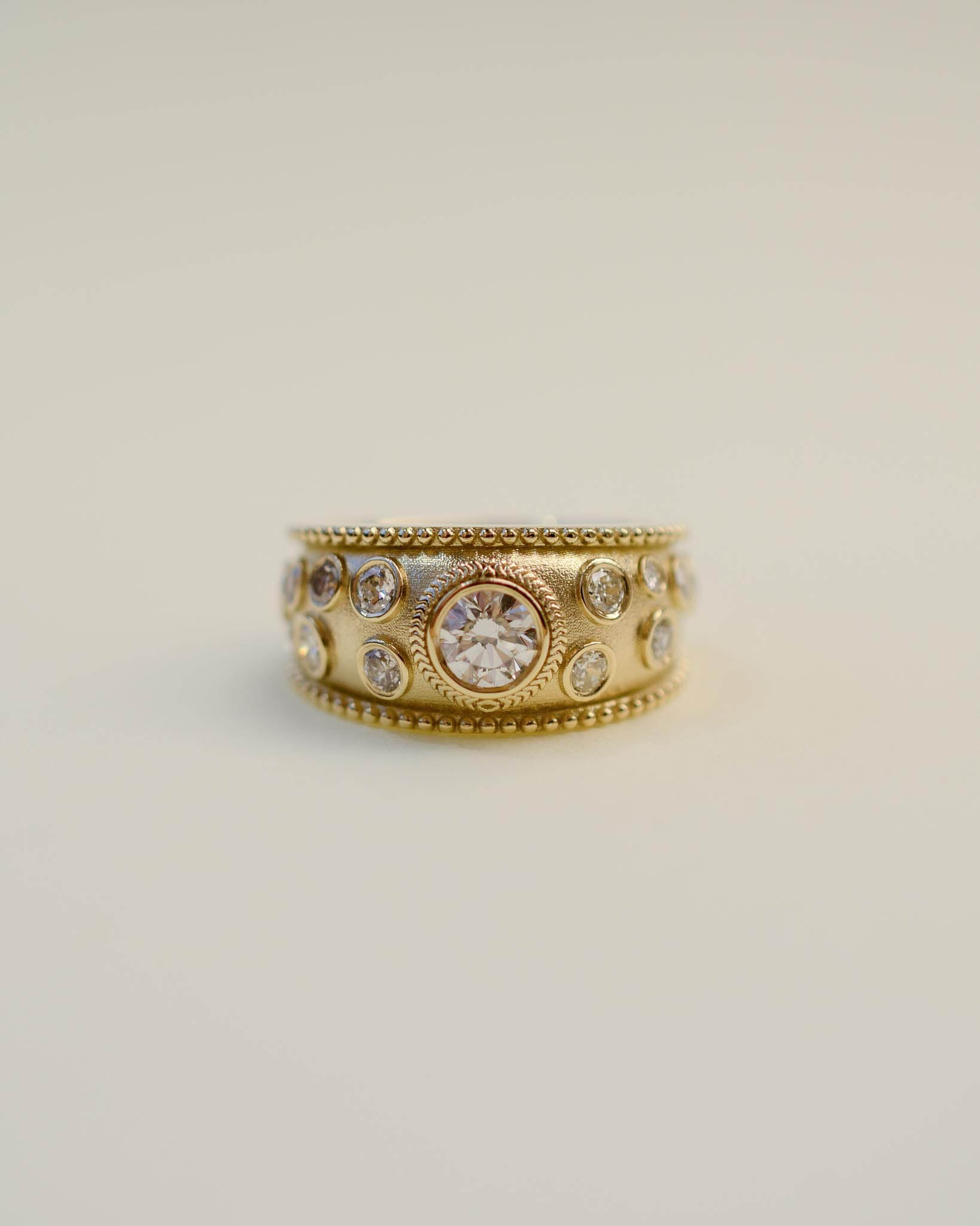 Yellow Gold and Diamond Etruscan Style Textured Ring