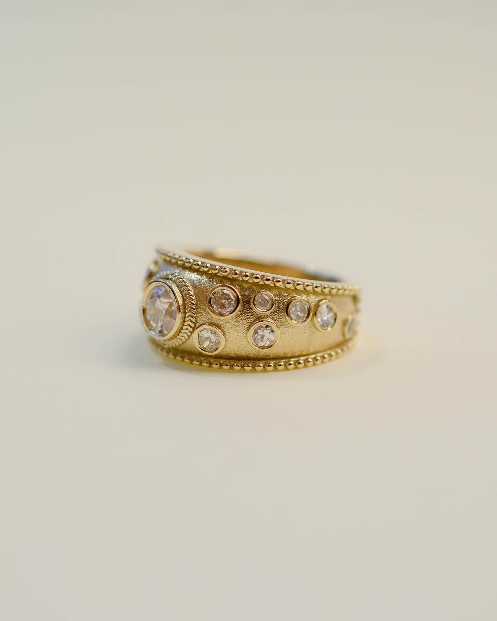 Yellow Gold and Diamond Etruscan Style Textured Ring