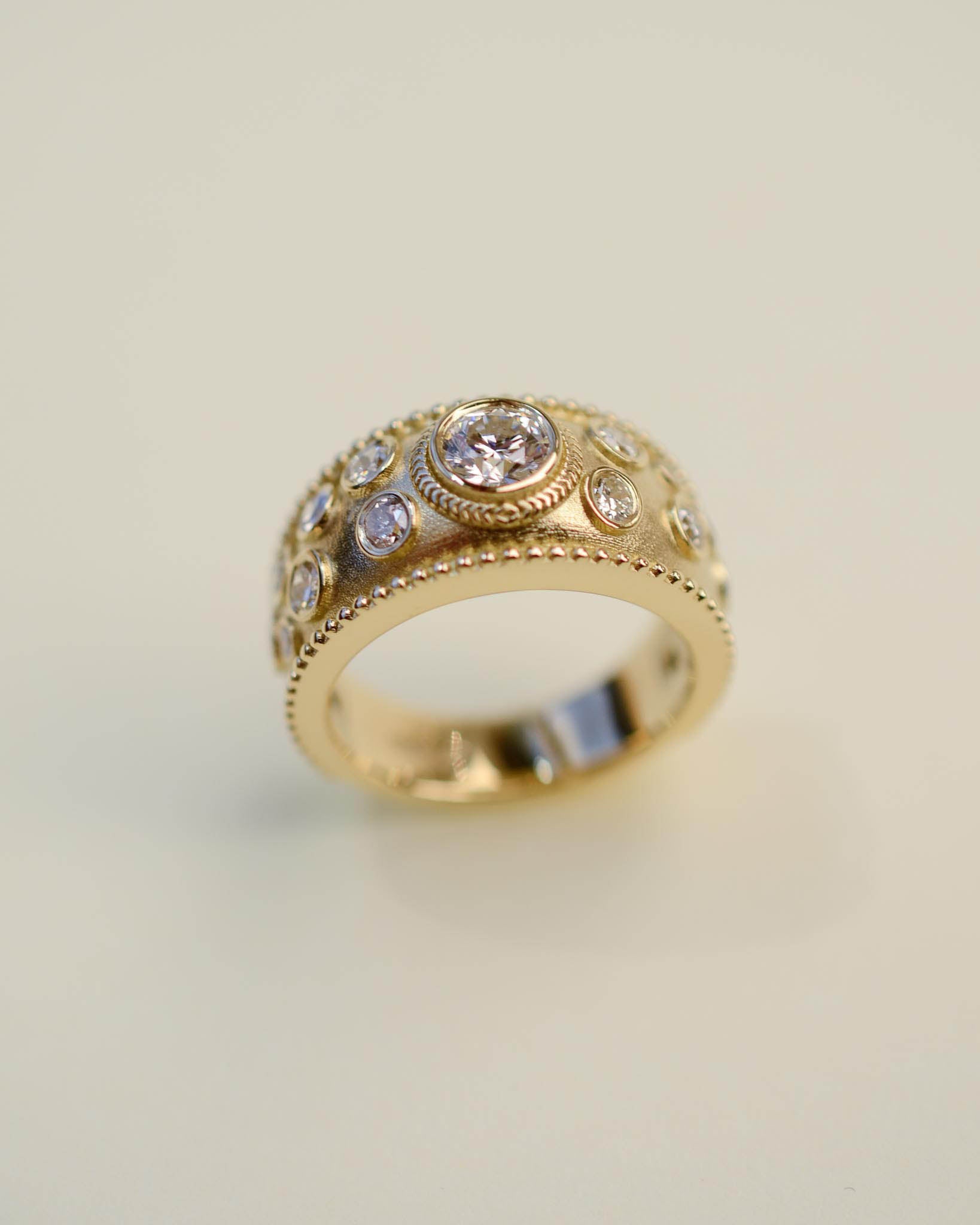 Yellow Gold and Diamond Etruscan Style Textured Ring