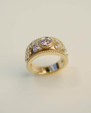 Yellow Gold and Diamond Etruscan Style Textured Ring