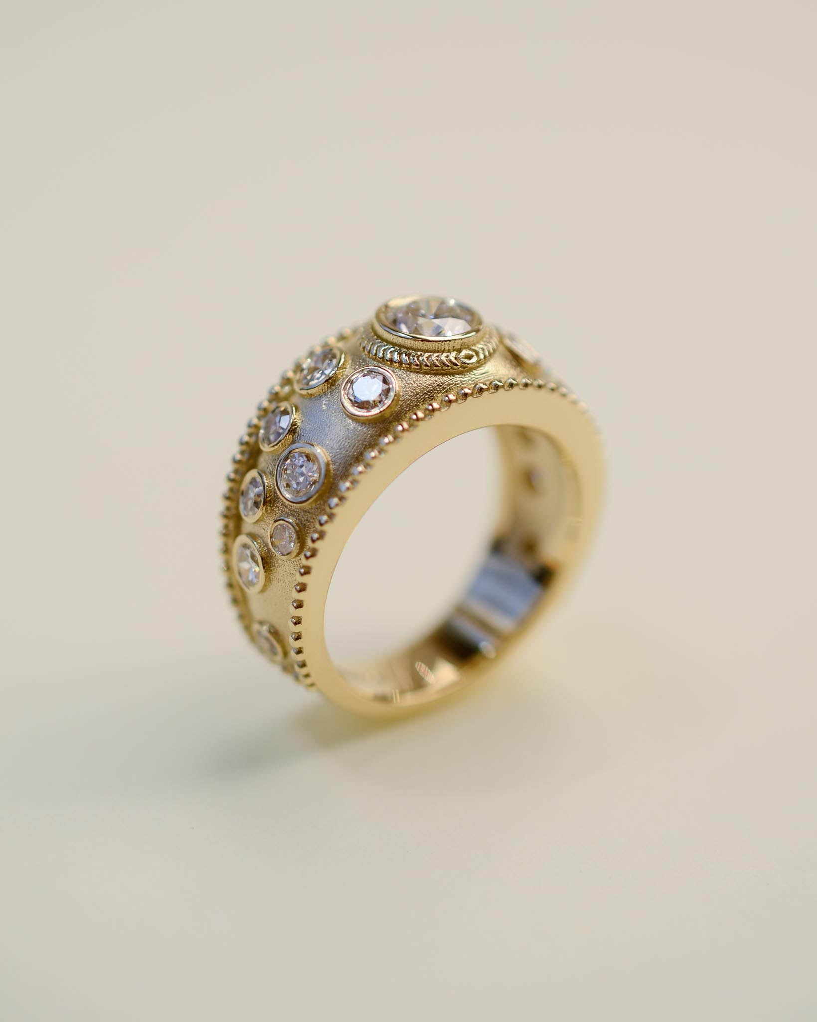 Yellow Gold and Diamond Etruscan Style Textured Ring