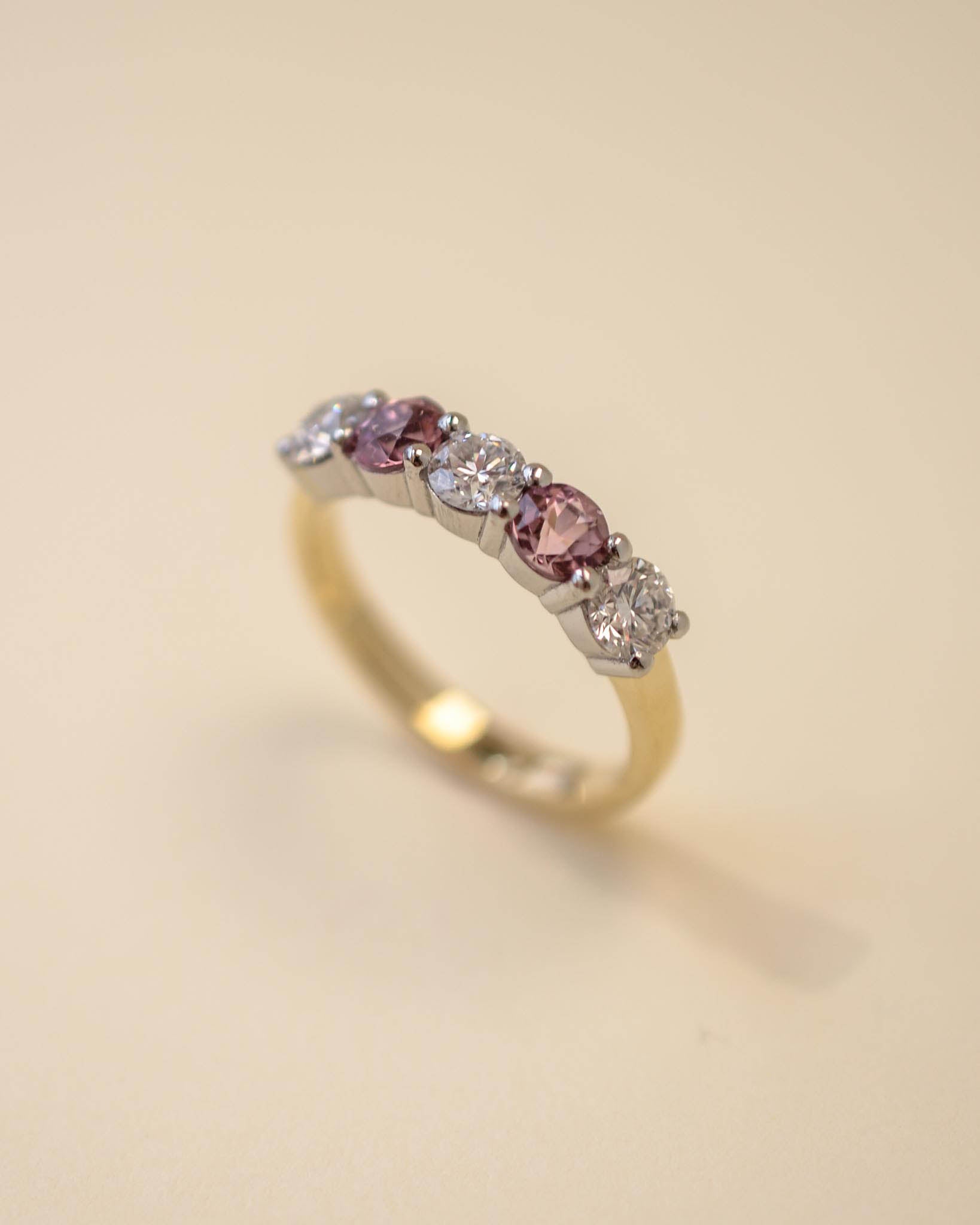Gold and Platinum Five Stone Diamond and Tourmaline Eternity Ring