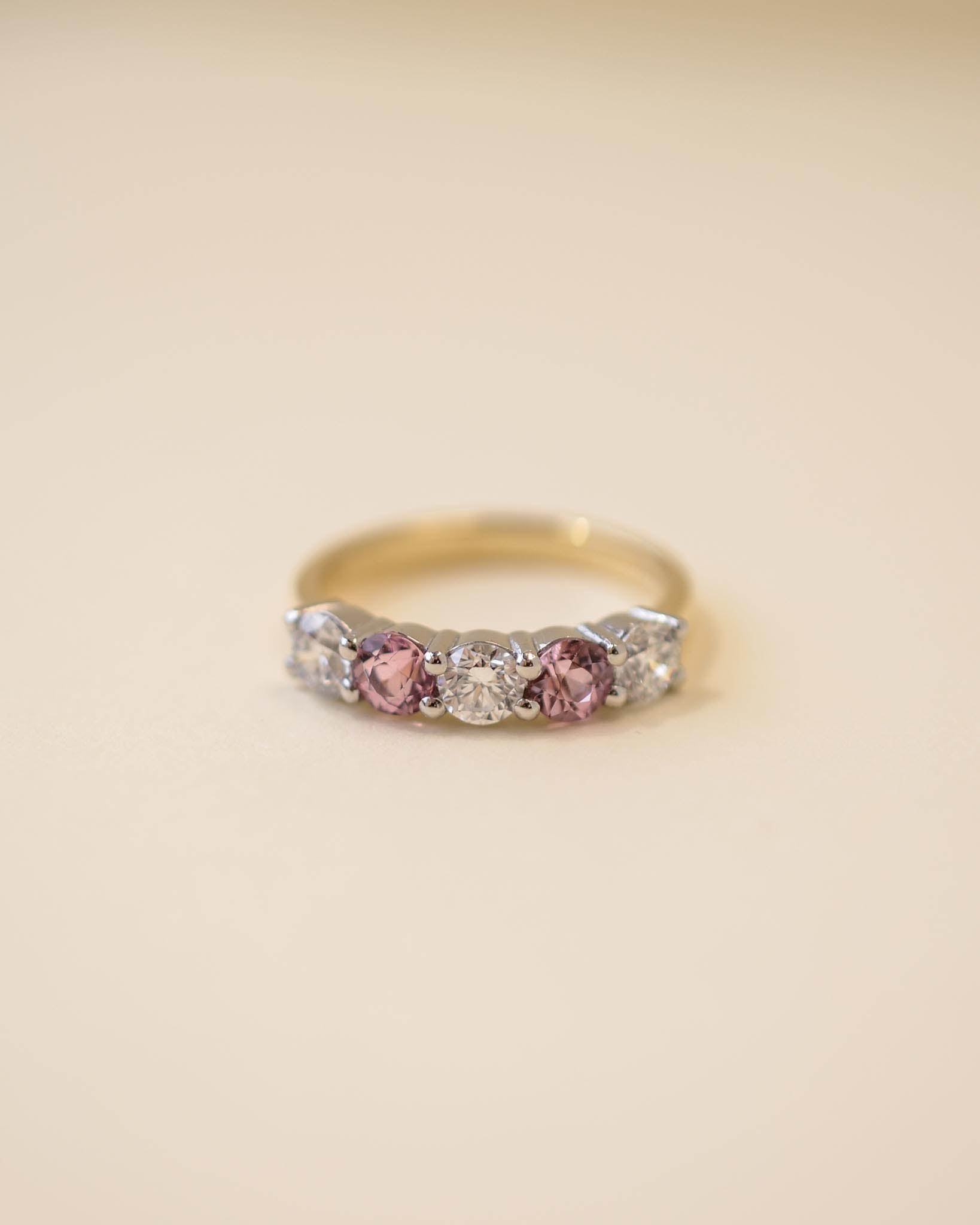 Gold and Platinum Five Stone Diamond and Tourmaline Eternity Ring