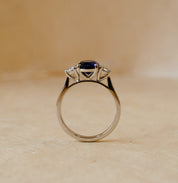blue sapphire and diamond three stone ring 