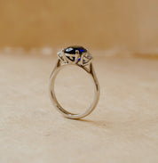 platinum diamond and blue sapphire three stone ring
