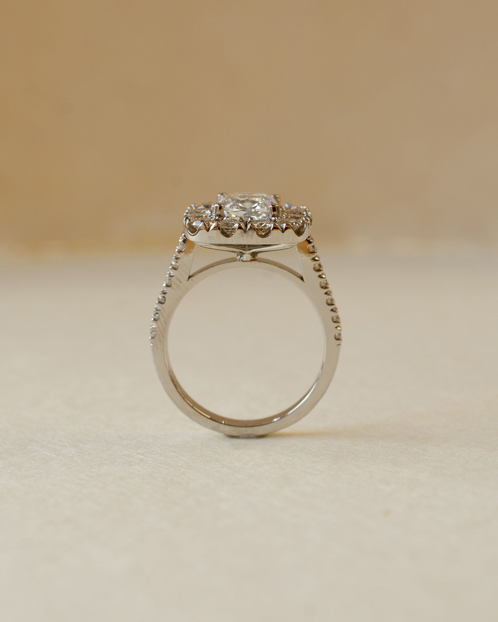 A diamond cluster halo style ring with a cushion cut centre stone