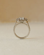 A diamond cluster halo style ring with a cushion cut centre stone