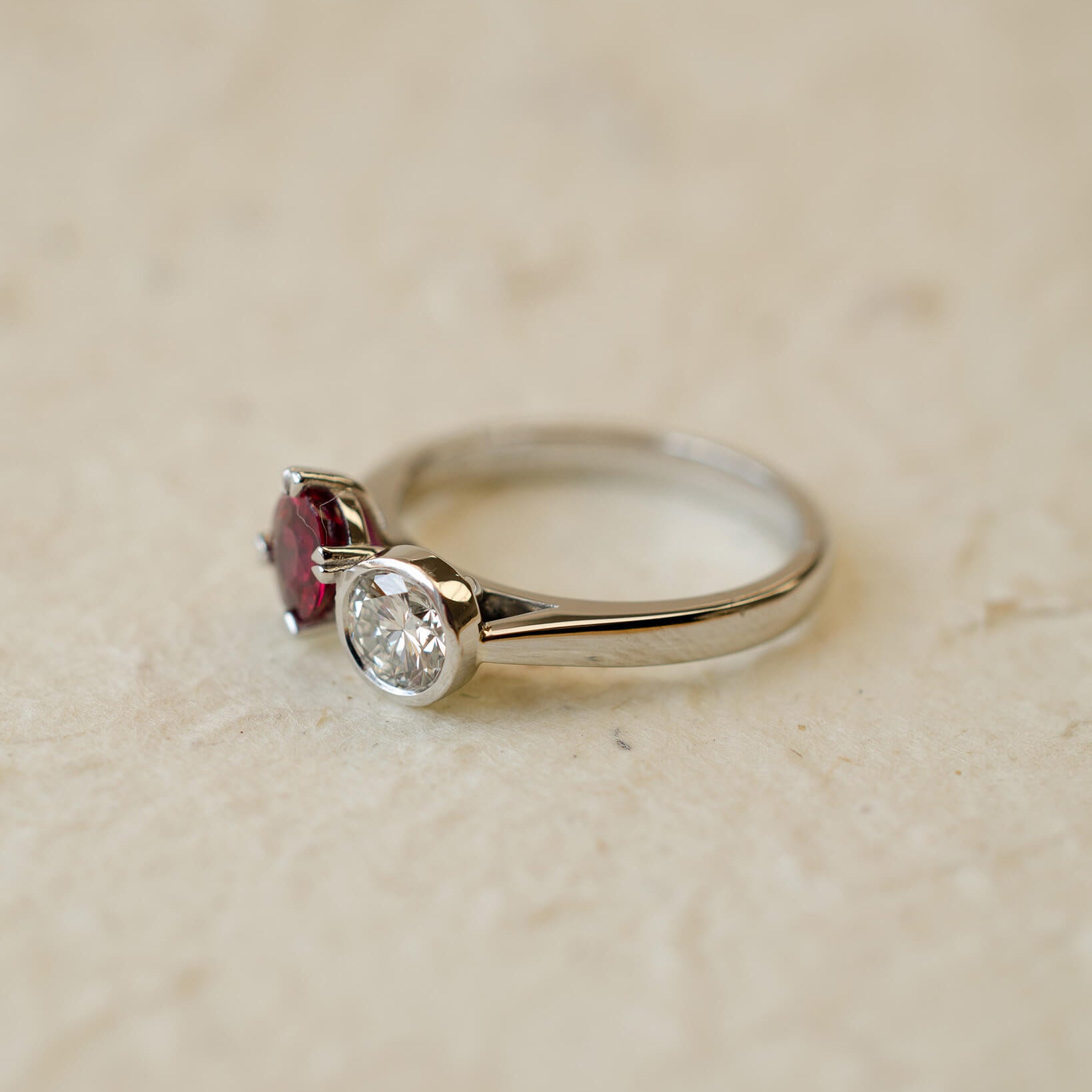 ruby and diamond two stone ring in platinum