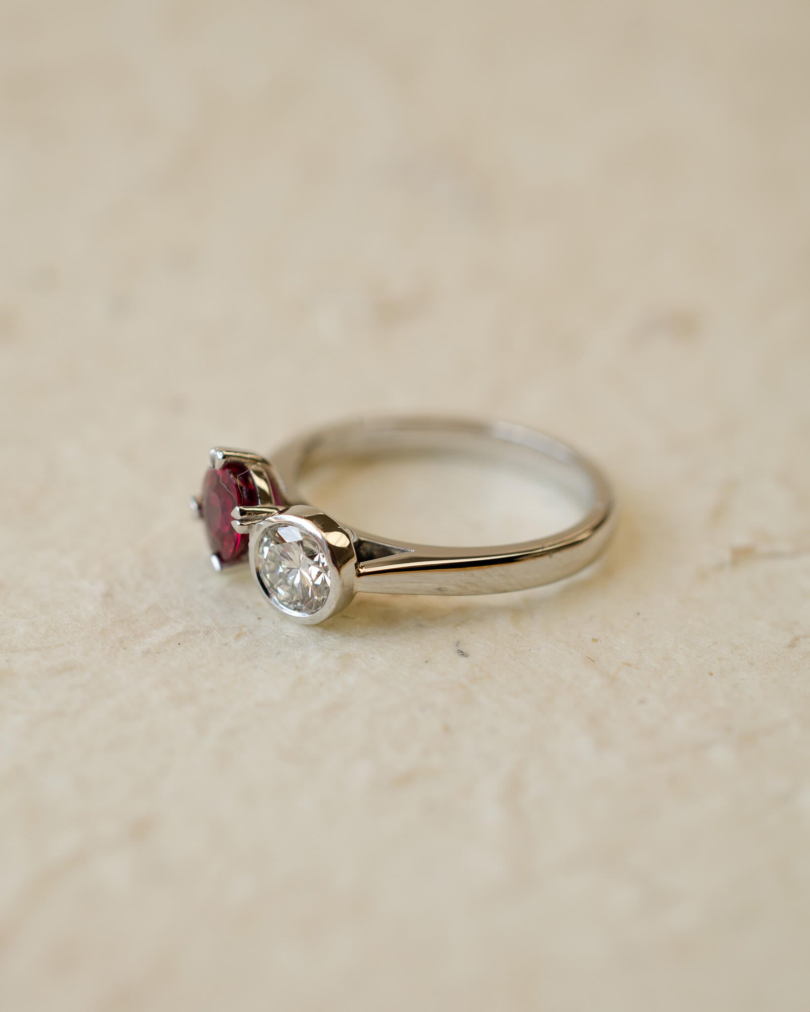 ruby and diamond two stone ring in platinum