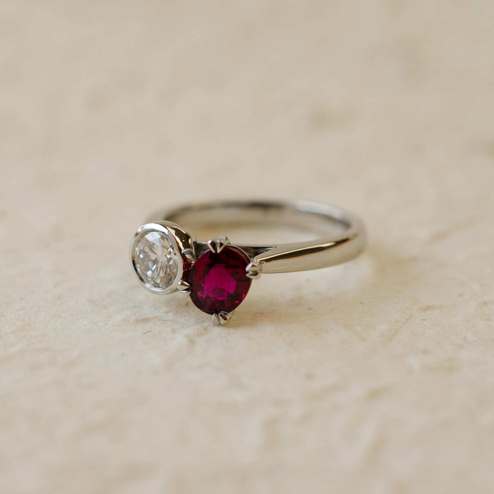 moi et toi diamond and ruby two stone ring
